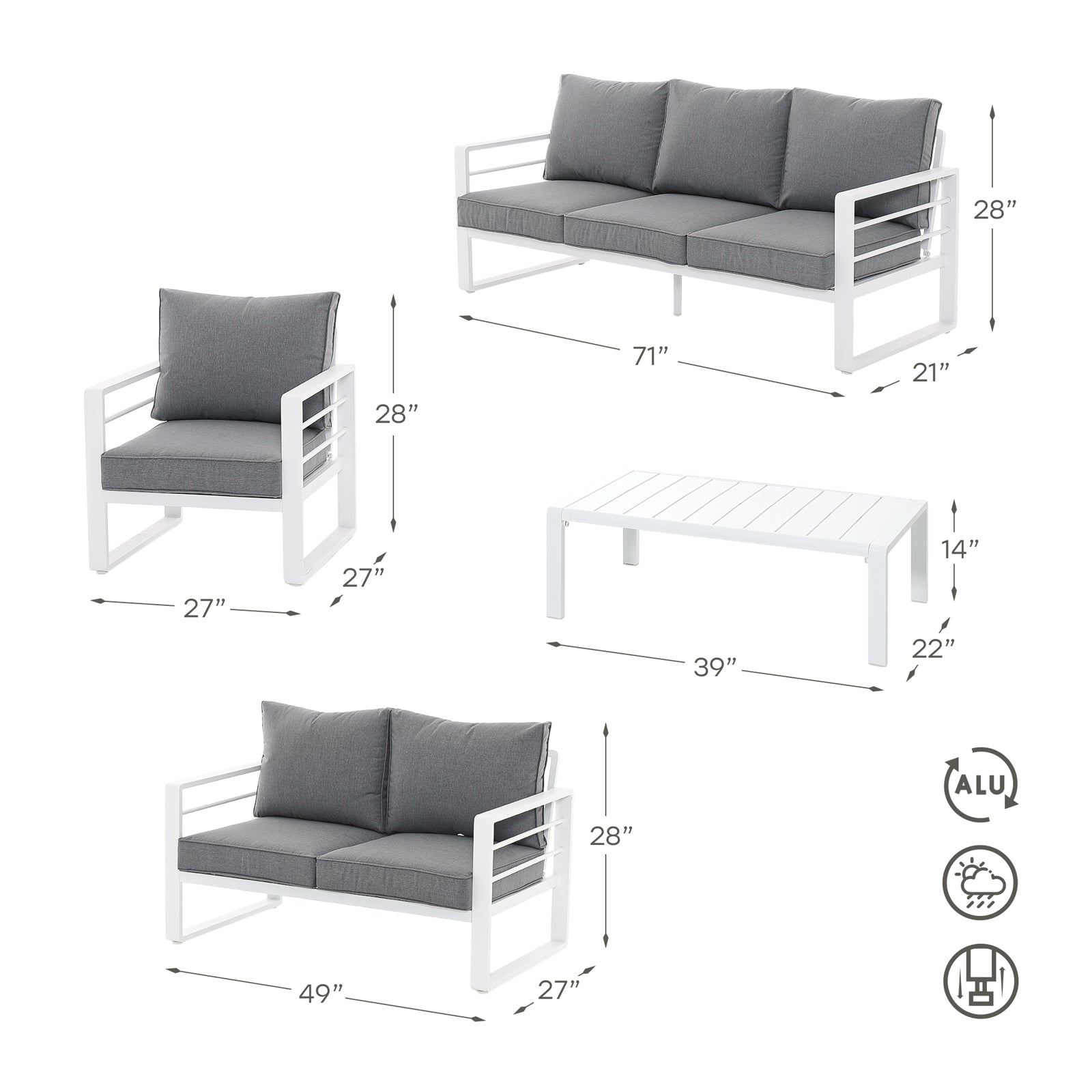 Salina Modern White Aluminum Outdoor Sofa Set with Grey Cushions, a 3-seater sofa, 2-seater sofa, 2 armchairs, 1 rectangle coffee table, dimension information - Jardina Furniture