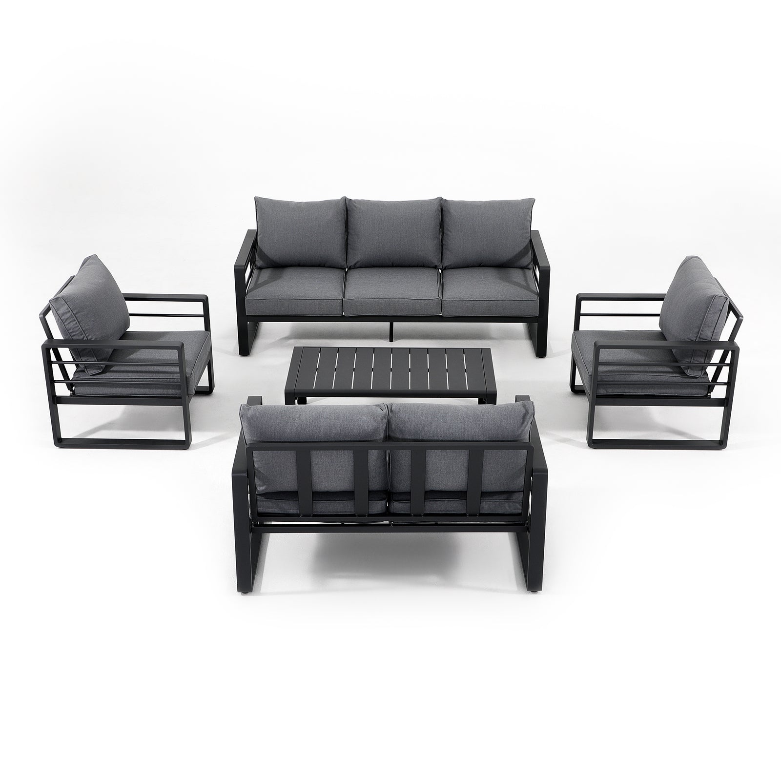 Salina Modern Aluminum Outdoor Furniture, Dark Grey Aluminum Frame Outdoor Conversation Set with grey cushions, for 7-person - Jardina Furniture