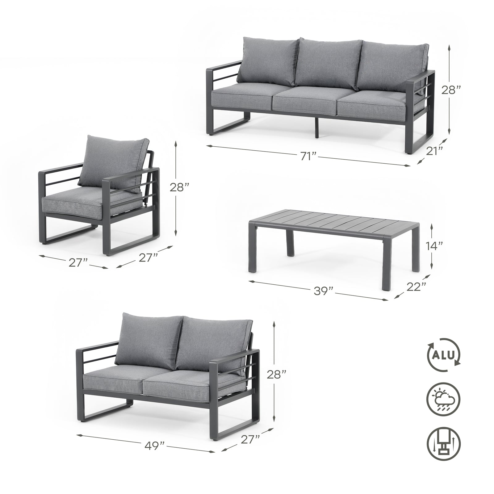 Salina Modern Grey Aluminum Outdoor Sofa Set with Grey Cushions, a 3-seater sofa, 2-seater sofa, 2 armchairs, 1 rectangle coffee table, Dimension Information - Jardina Furniture