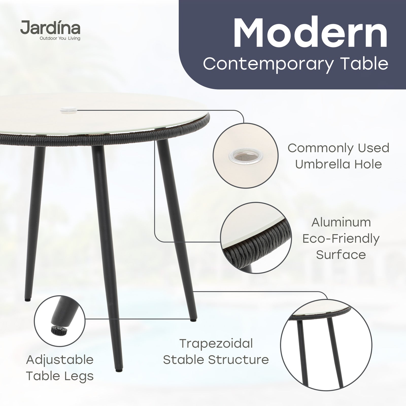 modern outdoor dining table with black wicker and unbrella hole, glass top, aluminum frame