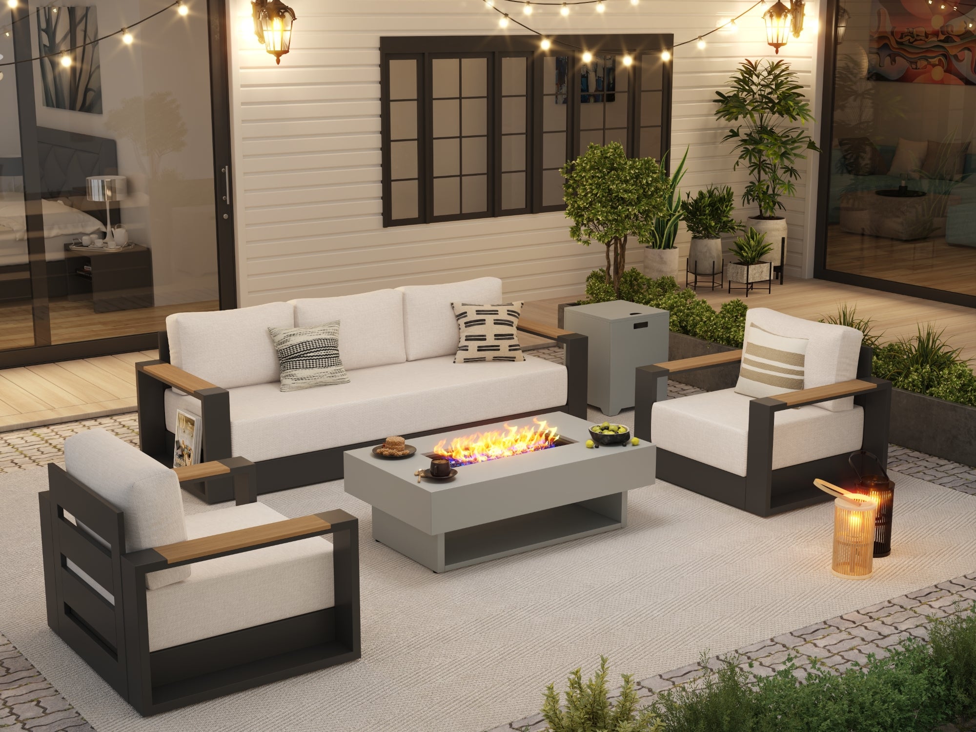 Addison Modern Metal Outdoor Sofa Set, Dark Grey Aluminum Frame, Grey Fire Pit