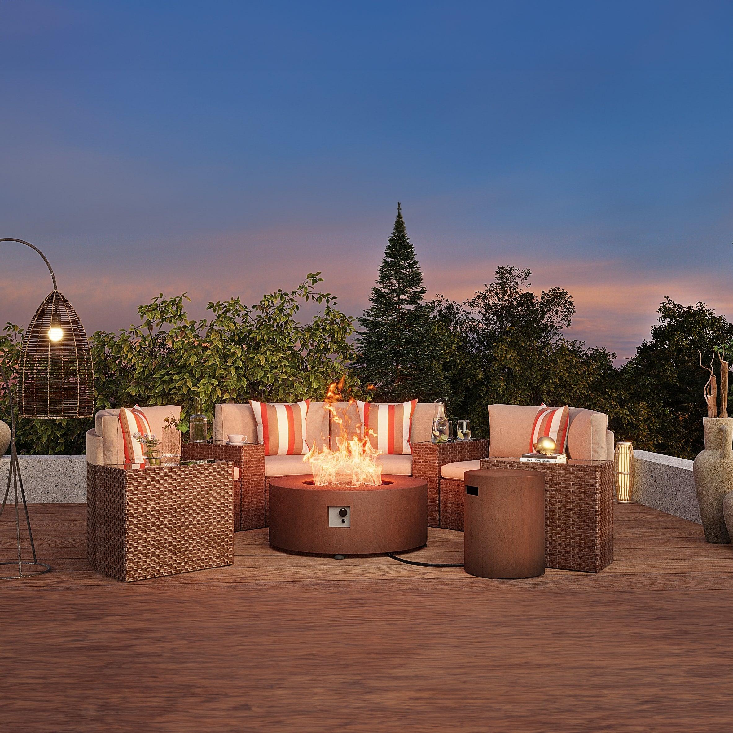 Boboli 6-seat brown Wicker Curved Sectionals with beige cushions + 4 side tables + 1 brown Propane Fire Pit with tank holder, outdoor background, left angle view - Jardina Furniture #color_Brown