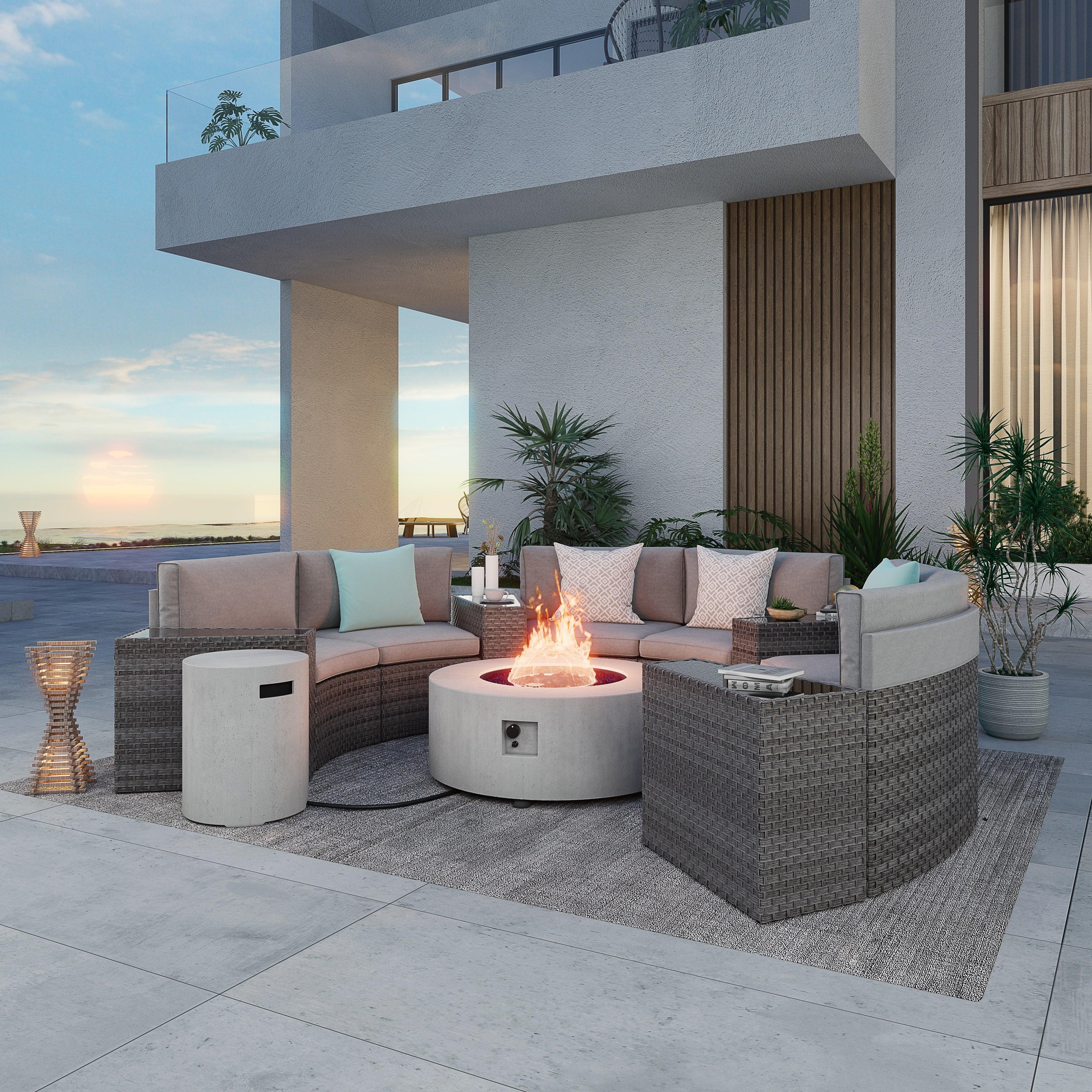 Boboli Modern Wicker Outdoor Furniture, 6-seater Grey Wicker Curved Sectional sofas with grey cushions, 4 side tables + 1 grey Propane Fire Pit with tank holder, front view- Jardina Furniture#color_Grey