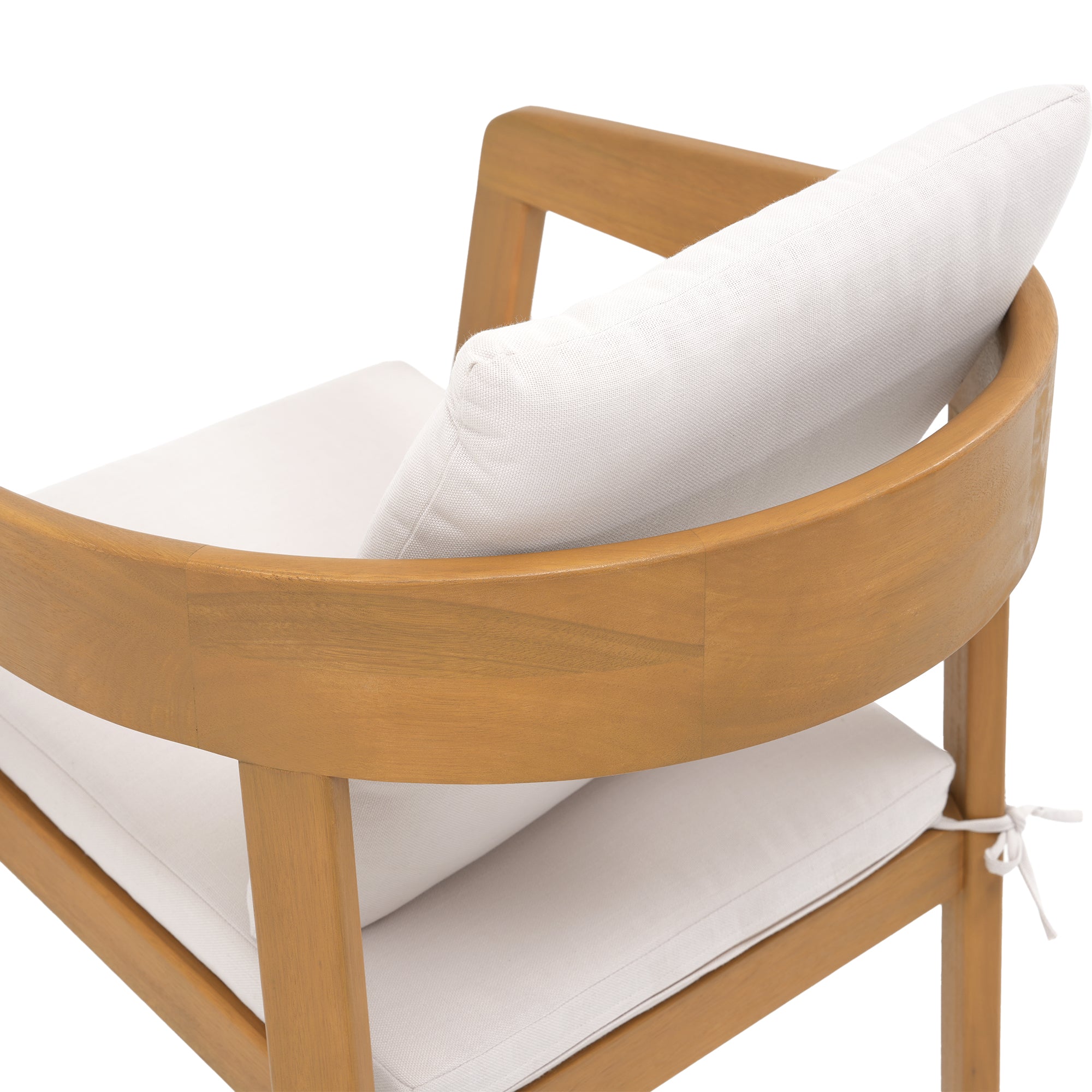 Wooden chair with white cushions, curved backrest detail - Jardina’s Modern Premium Outdoor Furniture