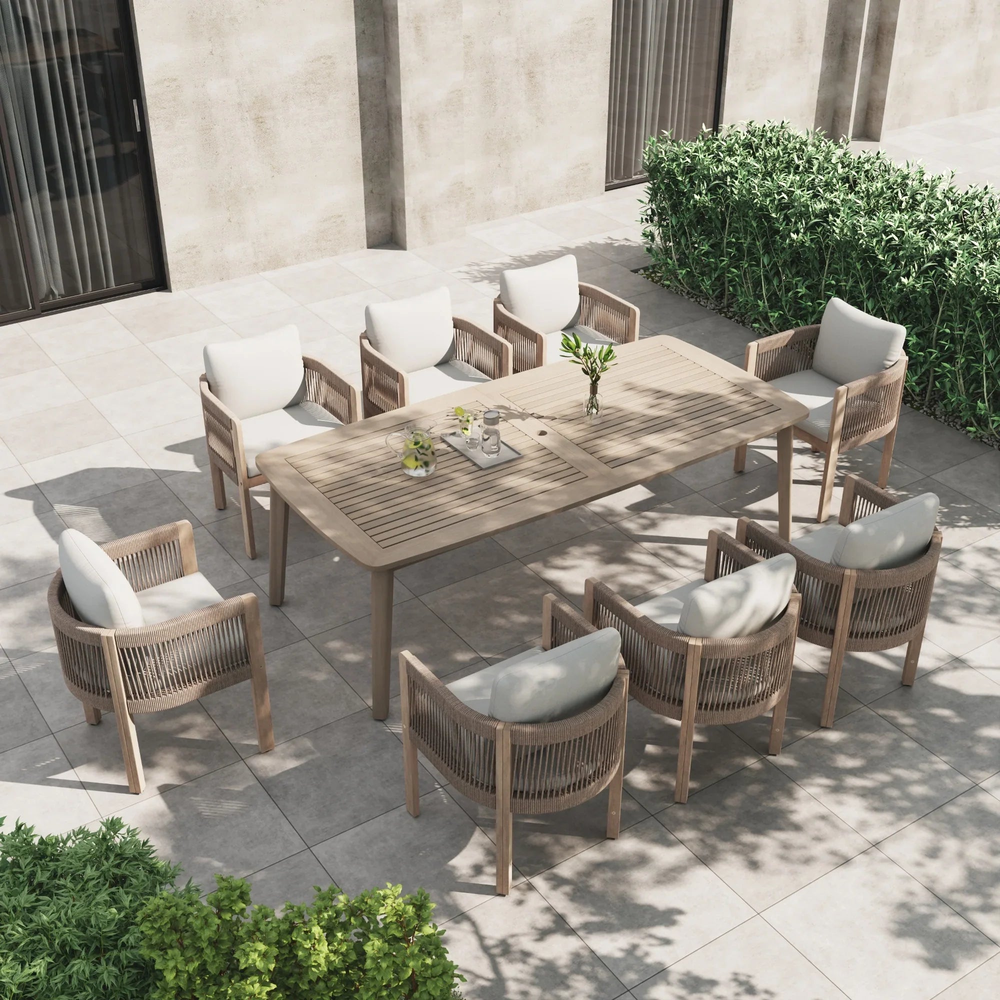 Foristern acacia Wooden Outdoor Dining Set with Umbrella Hole for 8 People, 83'', rope design chairs - Jardina Premium Modern Outdoor Dining Furniture