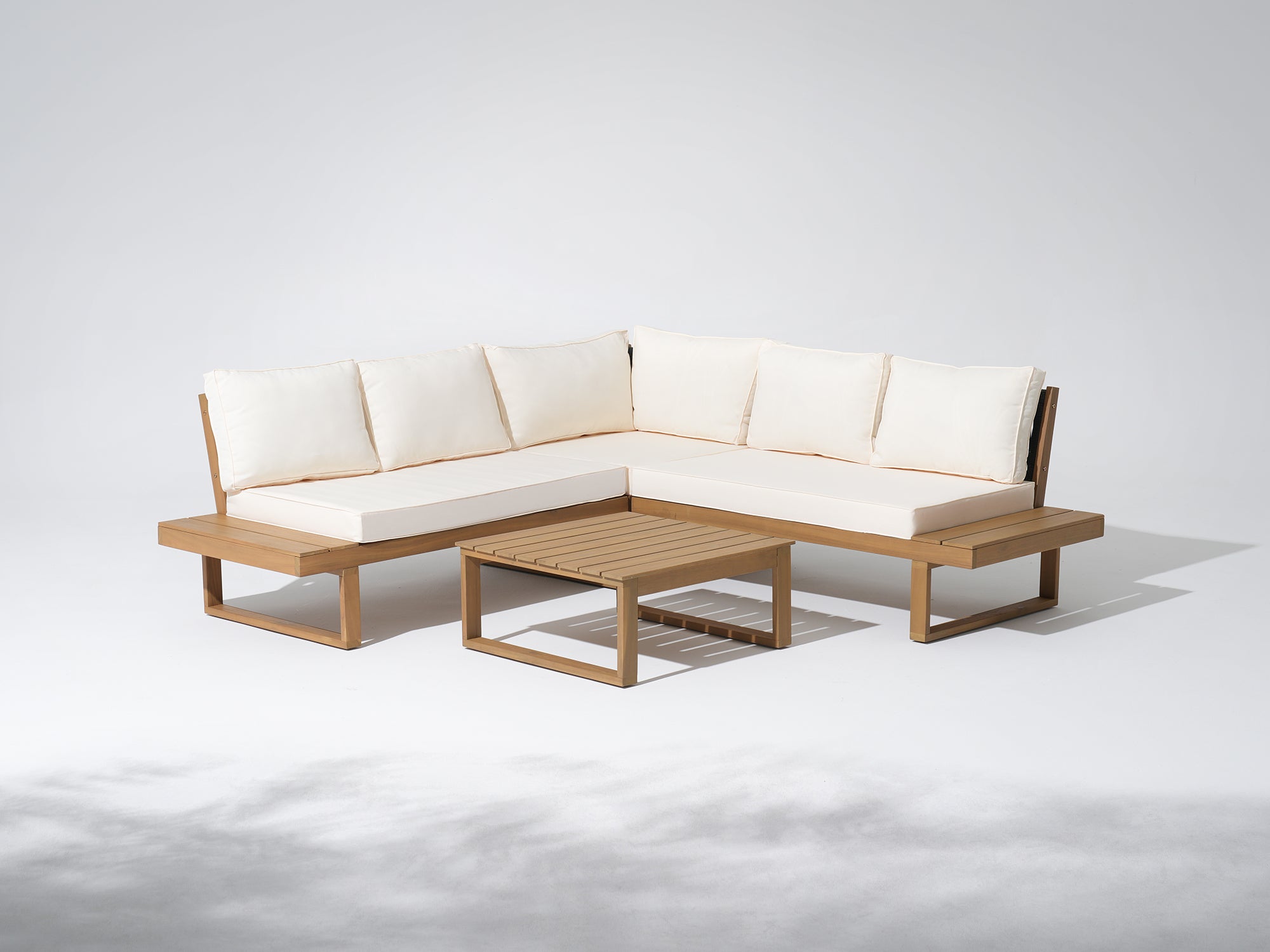 Wooden outdoor sofa set with white cushions- Jardina outdoor patio furniture
