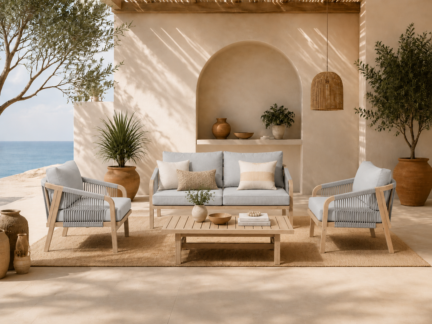 Thalea 4-Piece Textured Wooden Outdoor Conversation Set with Gray Cushions