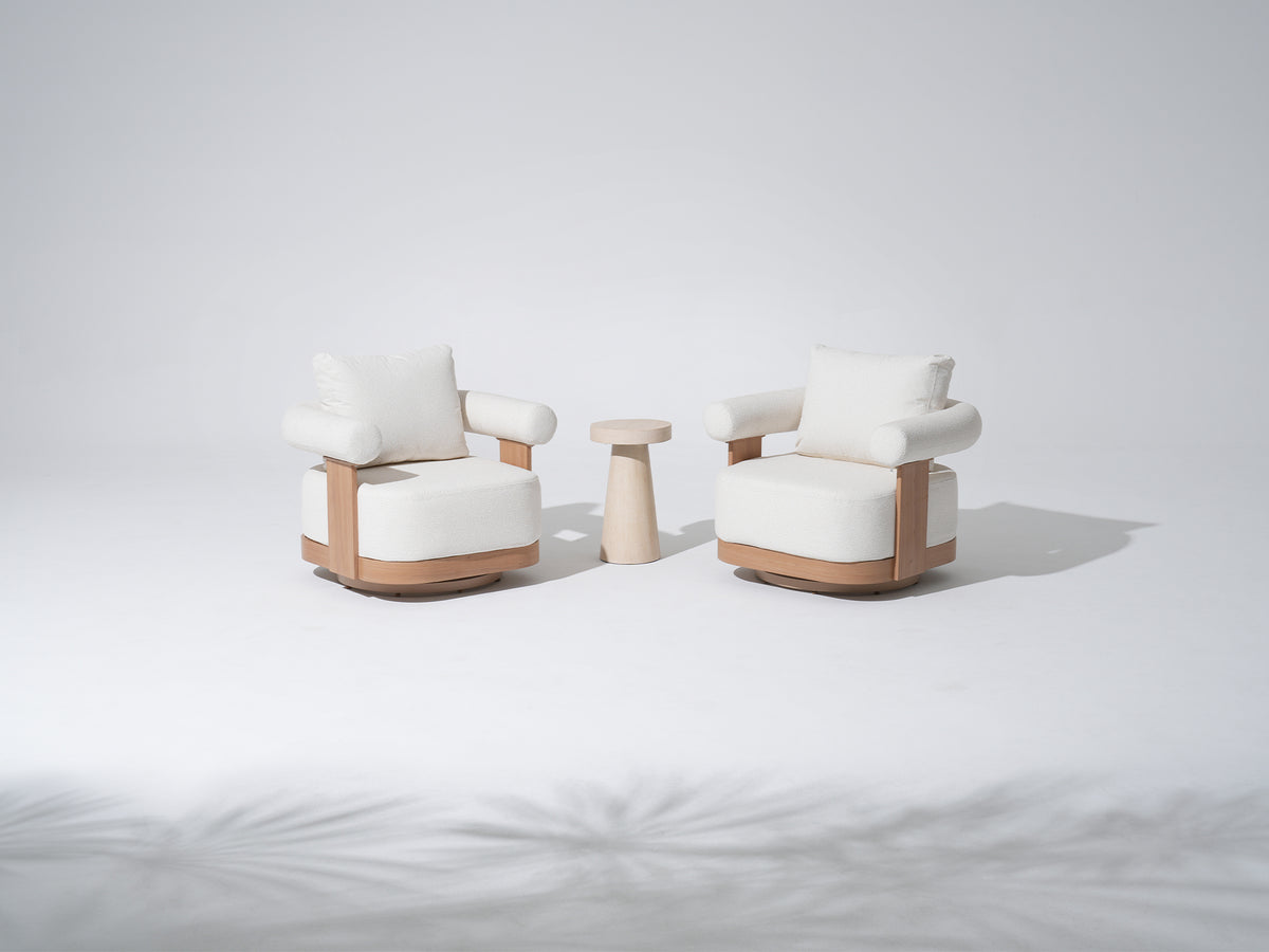Cassie & Matera Wood-Look Aluminum Outdoor Swivel Chair Set with Concrete Side Table, 360° Rotating & Textured White Cushon