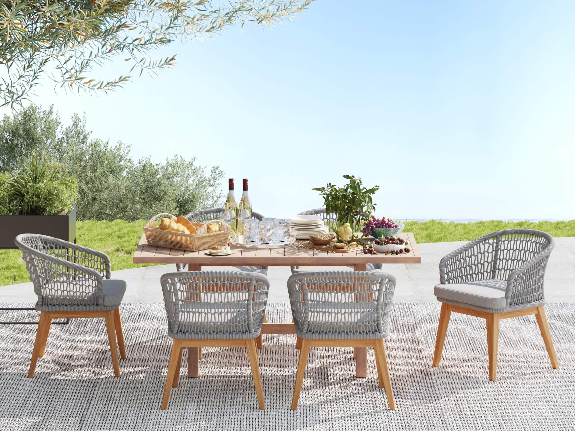 wooden rectangular patio dining set for 6 with Grey rope design- Jardina Modern Premium Patio Outdoor Furniture