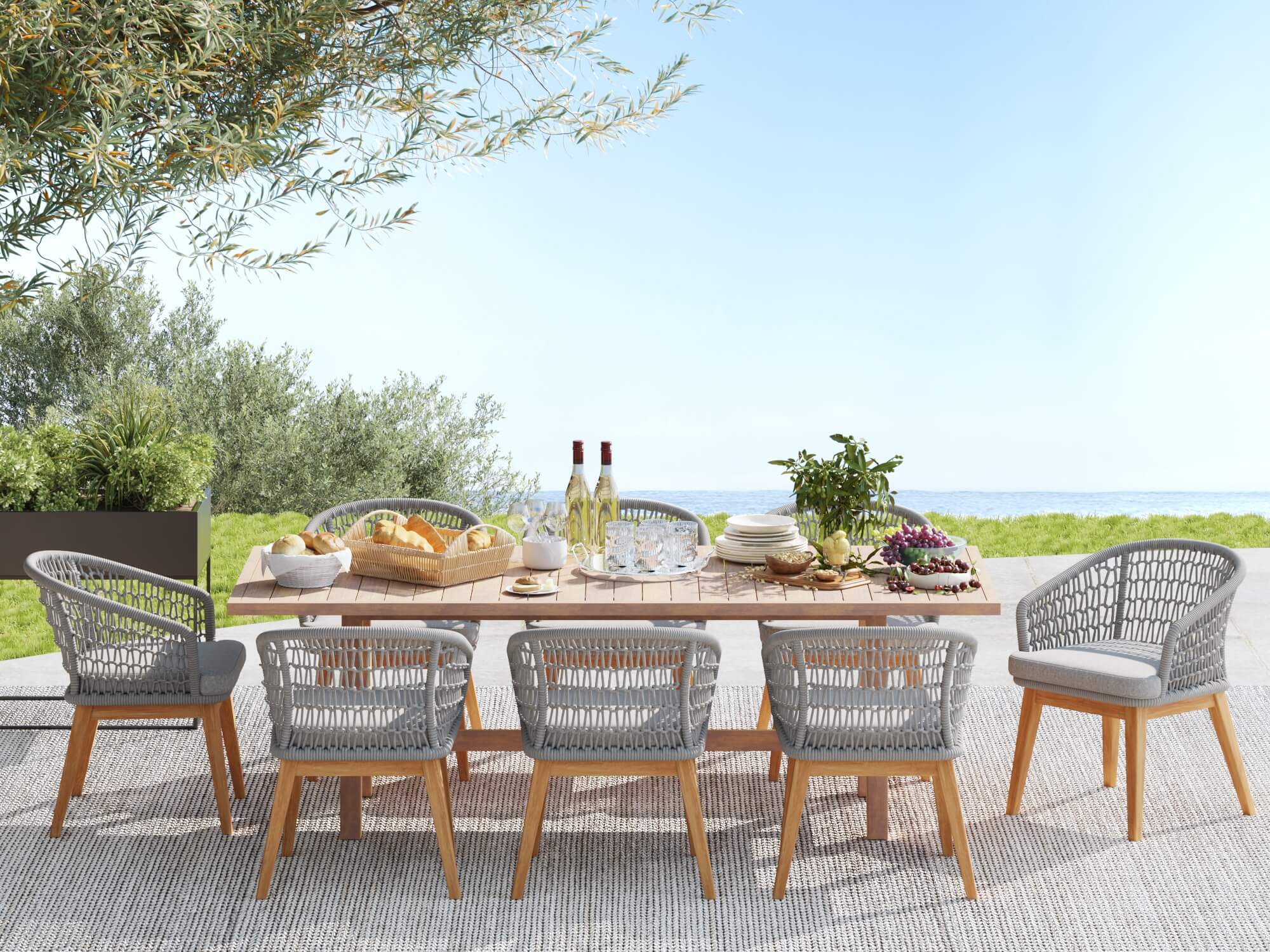 Outdoor dining setup for 8 with table, chairs, and food on a patio- Jardina Modern Premium Patio Outdoor Furniture