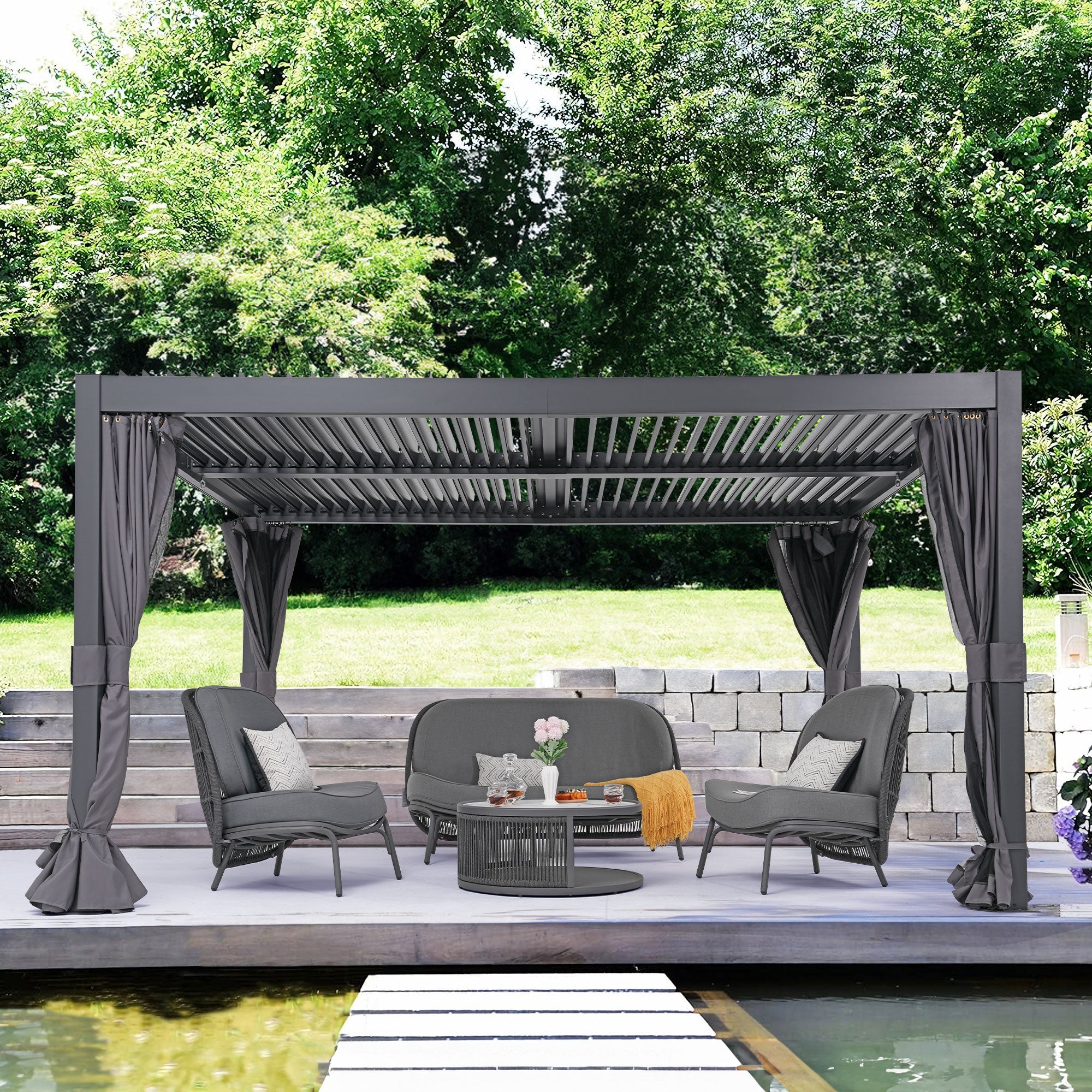 Outdoor Louvered Pergola, Adjustable Roof & Hidden Drainage – 10x13 ft & 10x20 ft, Dark Grey