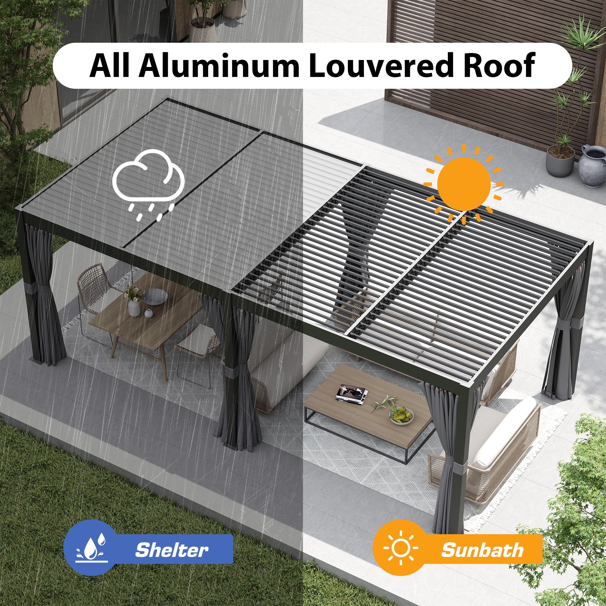 Outdoor Louvered Pergola, Adjustable Roof & Hidden Drainage – 10x13 ft & 10x20 ft, Dark Grey