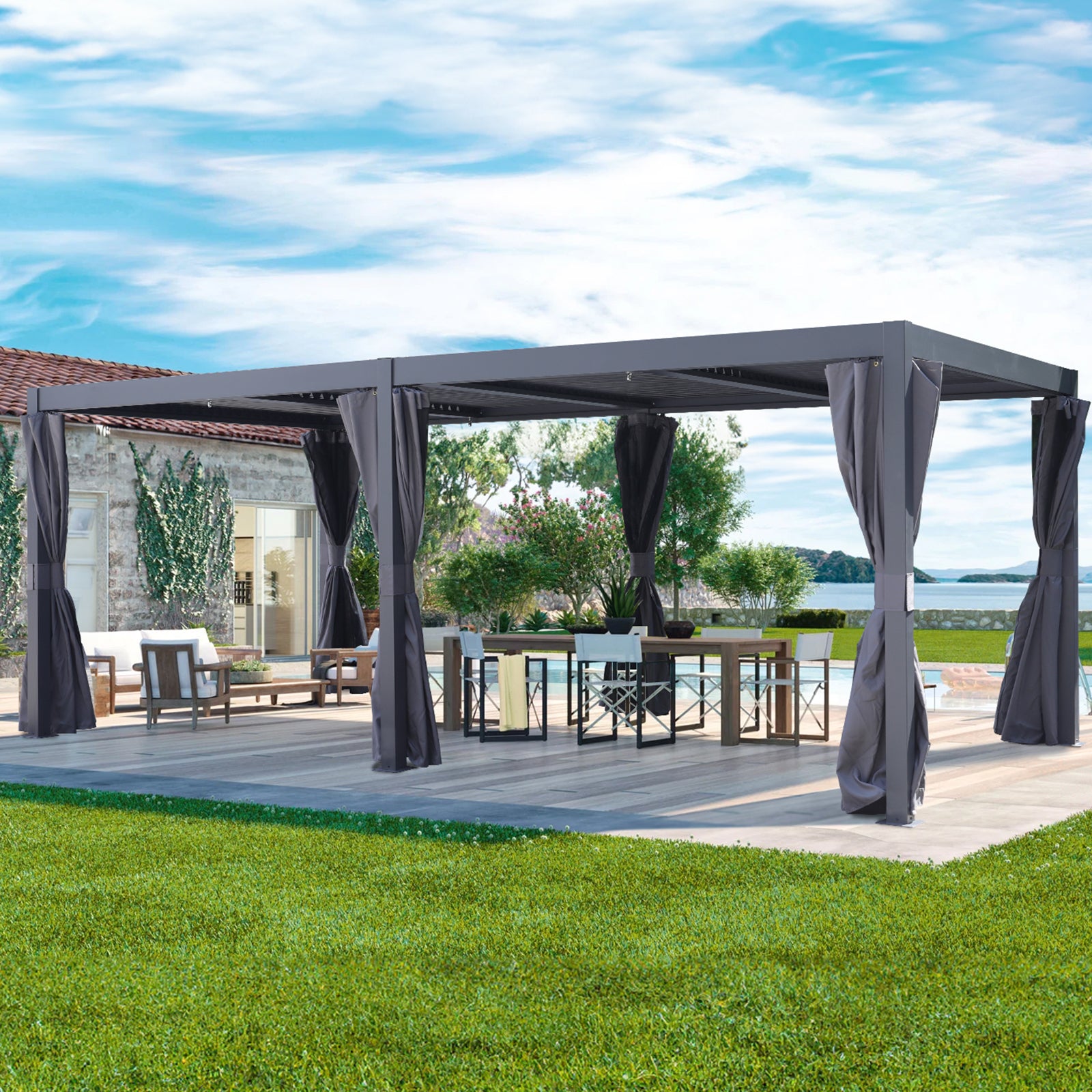 Outdoor Louvered Pergola, Adjustable Roof & Hidden Drainage – 10x13 ft & 10x20 ft, Dark Grey