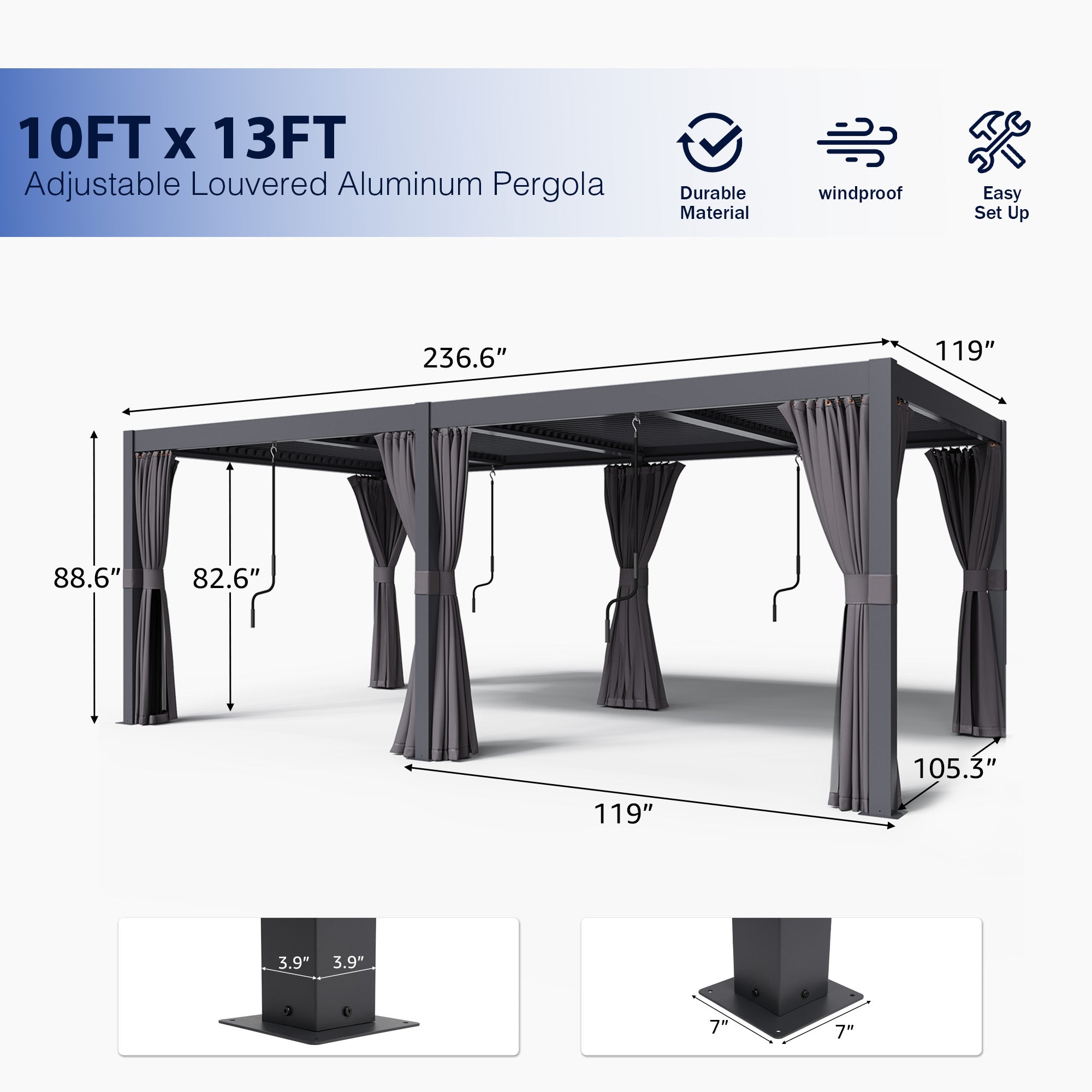 Outdoor Louvered Pergola, Adjustable Roof & Hidden Drainage – 10x13 ft & 10x20 ft, Dark Grey