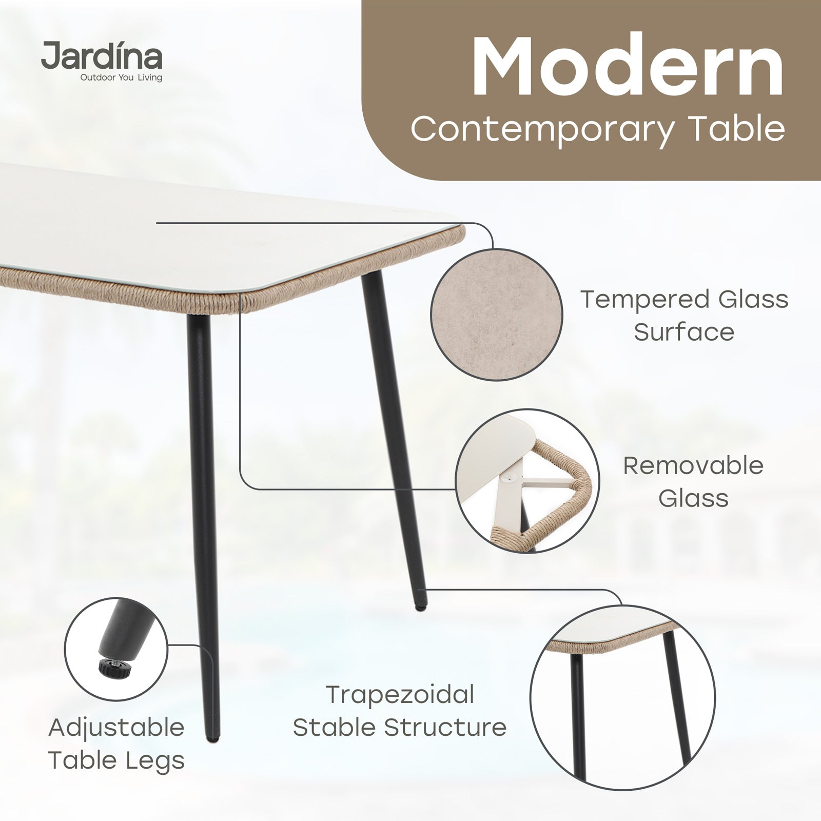 modern rectangle outdoor dining table, aluminum frame and natural wicker design details