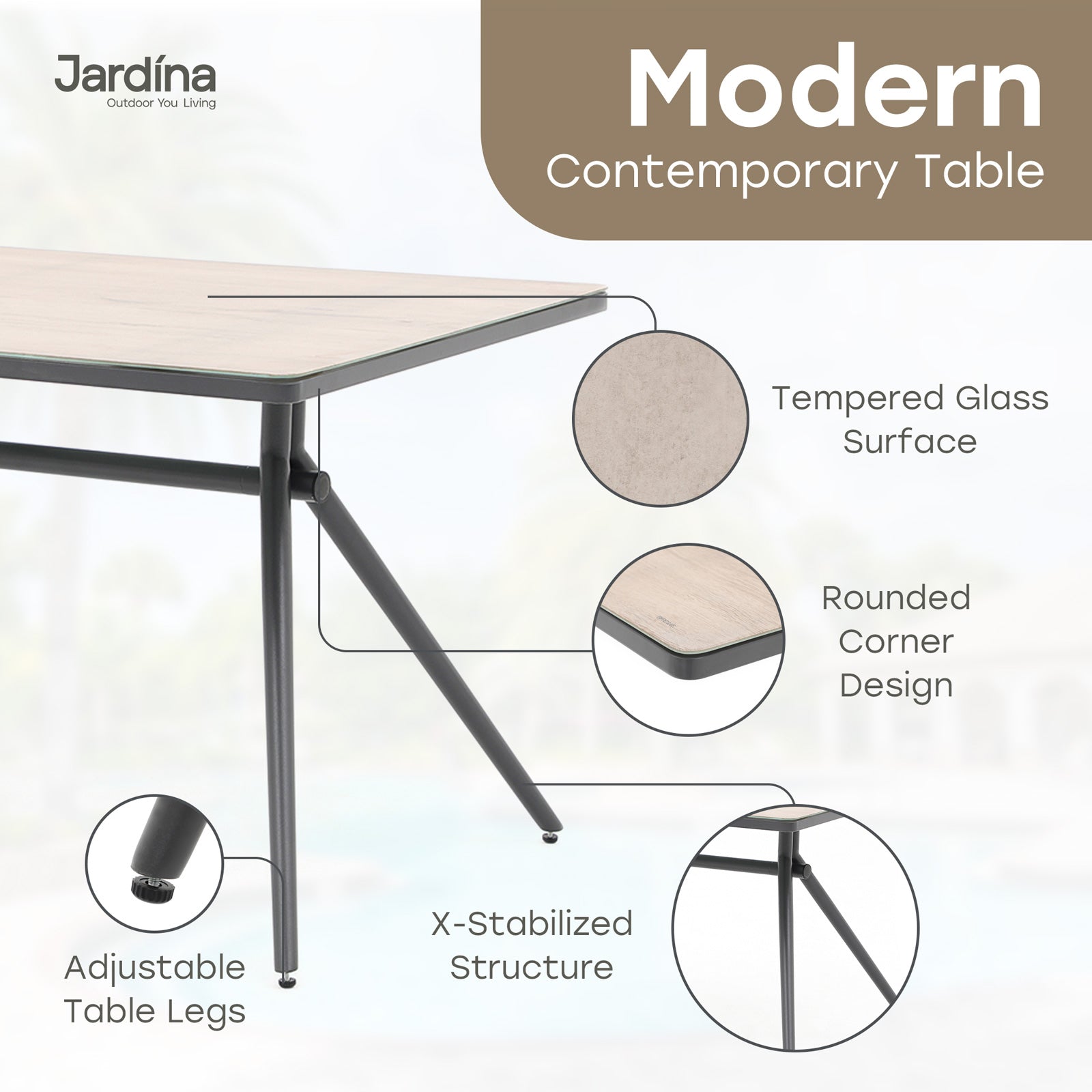 modern aluminum outdoor dining table details