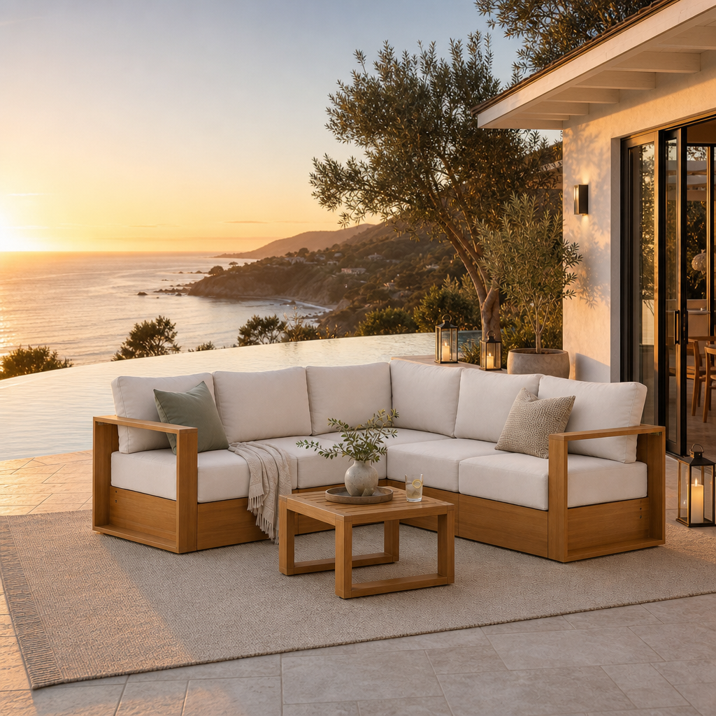 Addison Eucalyptus Wood Outdoor L-Shaped Sectional Sofa Set with Coffee Table