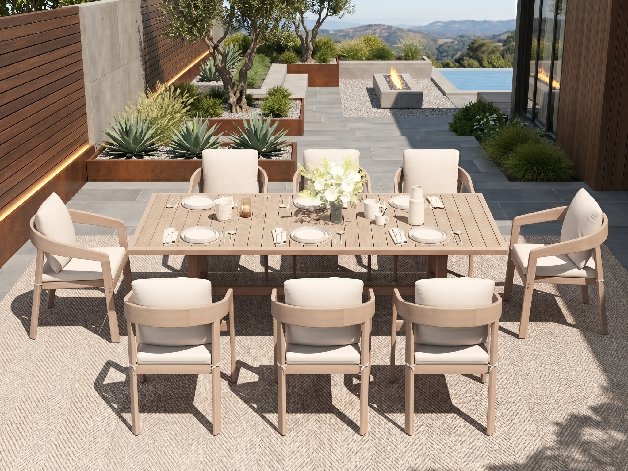 Cali Wooden Dining Set with Umbrella Hole for 8 People, White Cushions, Stackable, 90.6"