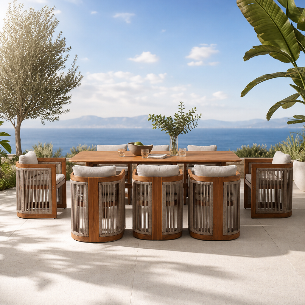 Mori Wooden Outdoor Dining Set with Cording Chairs for 6-8 People, 86.6" table, Solid Side Panel Legs