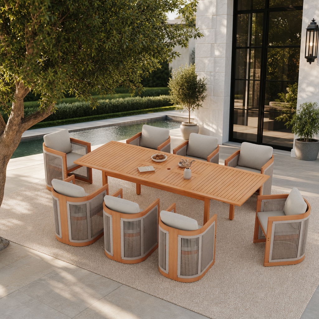 Mori Outdoor Wood & Rope Dining Set for 6-8 People, 63"-94" Extendable Table with Umbrella Hole