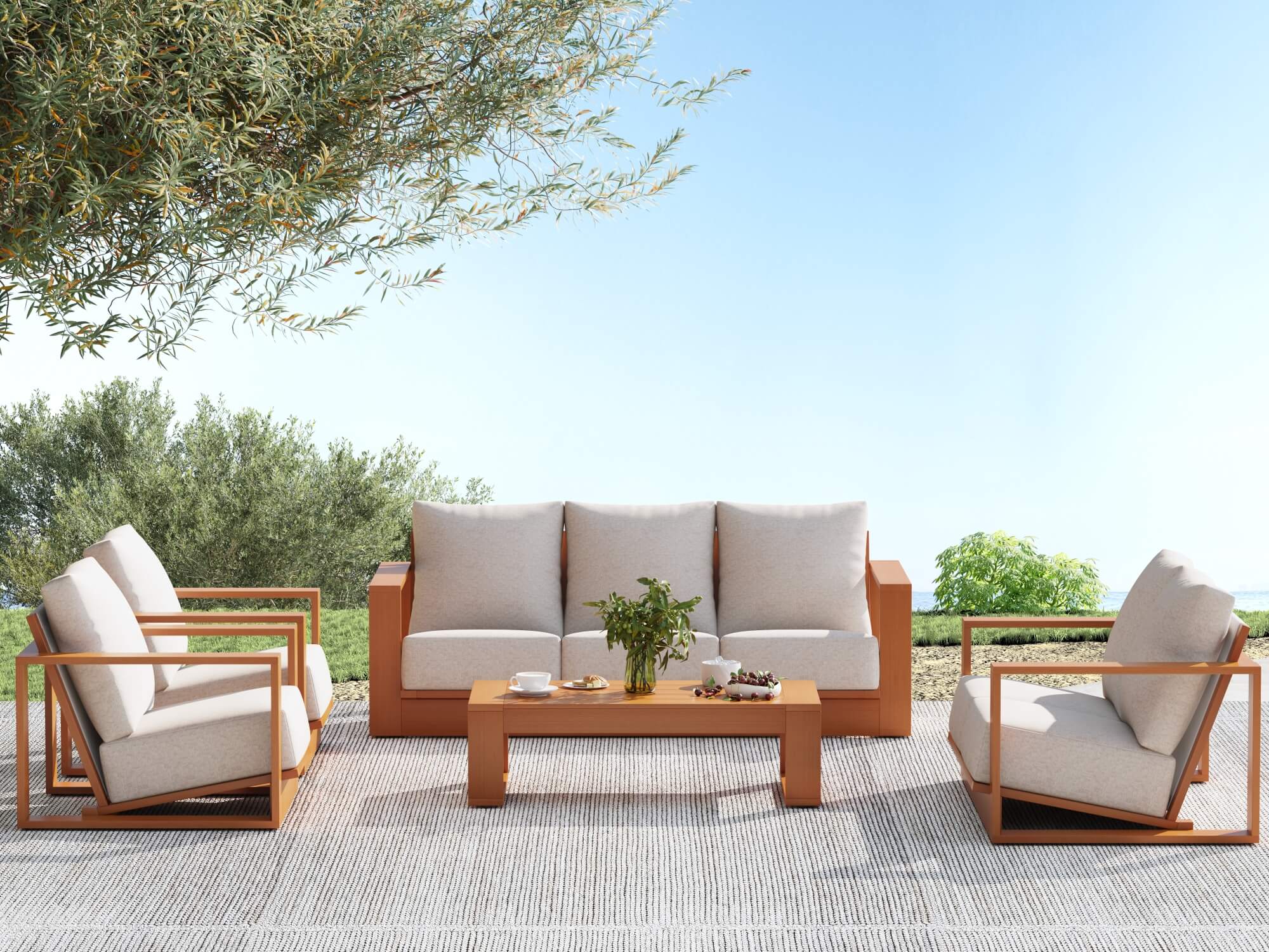 Drift 5-Piece Eucalyptus Wooden Outdoor Sofa Set with Linen-tone Cushions, Angled seat, Rope Backrest