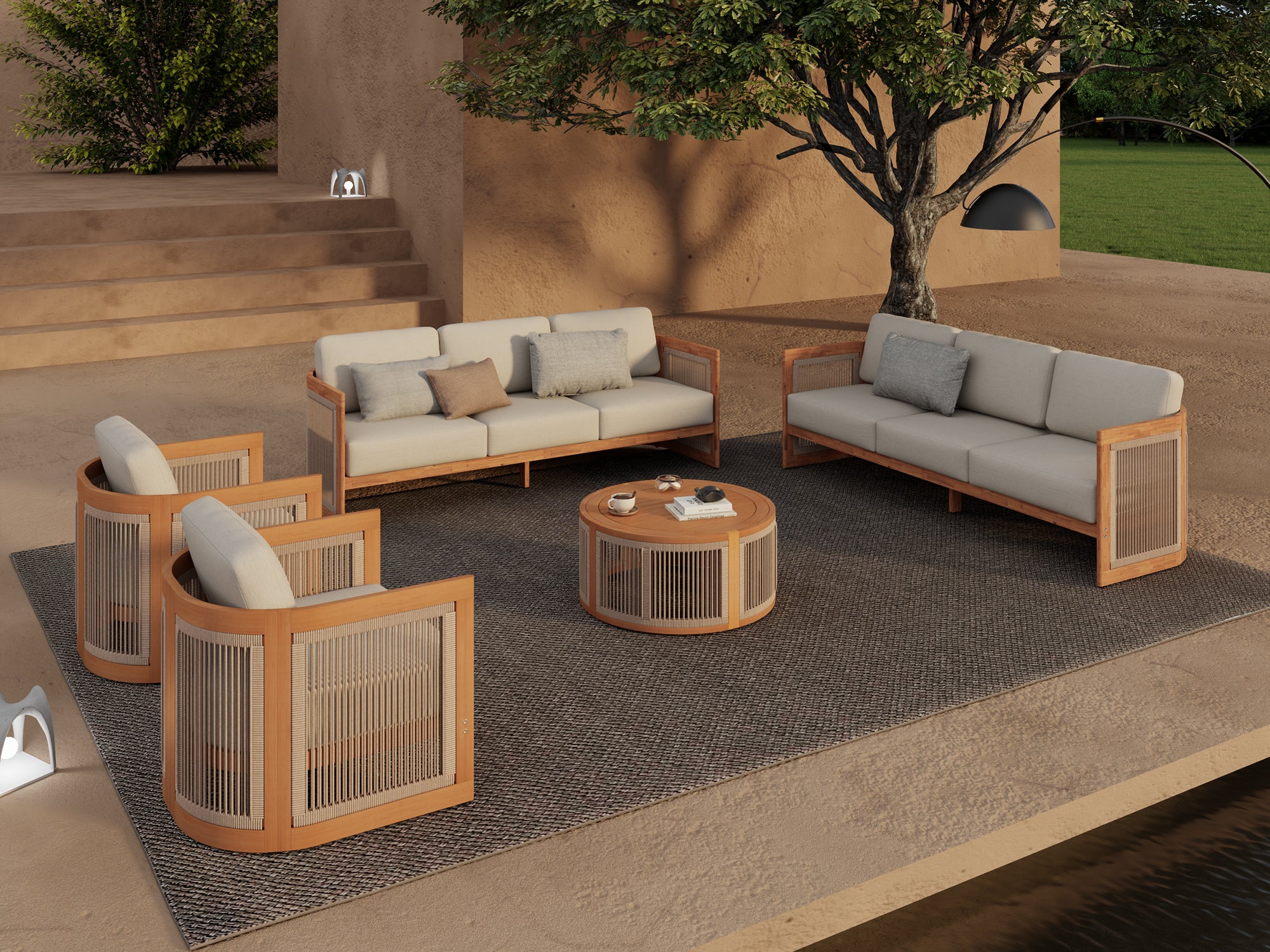 Mori Rope and Wooden Outdoor Conversation Furniture Set with 7.5'' Thick Cushions; 4-7 Seats