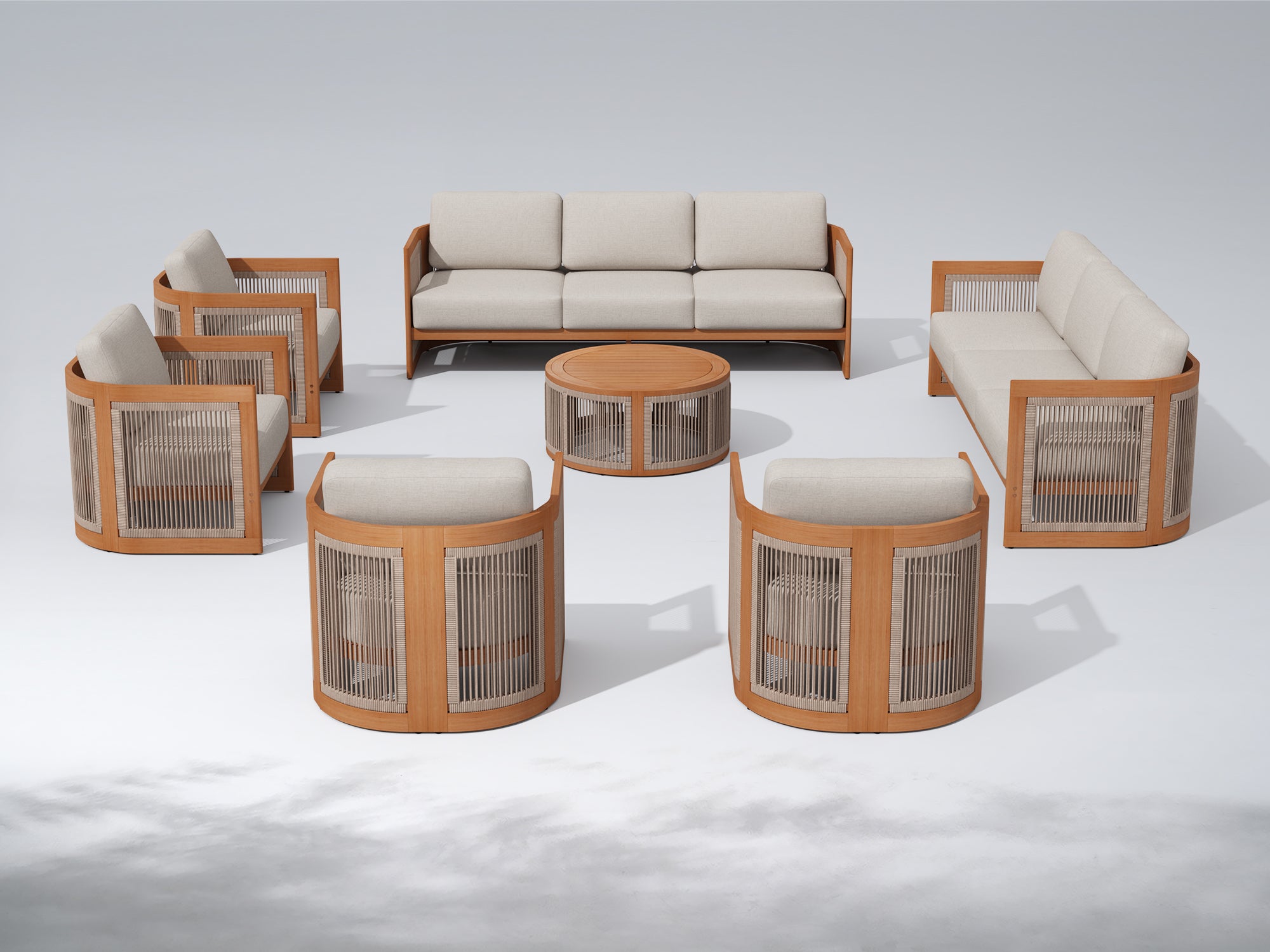 Mori Rope and Wooden Outdoor Conversation Furniture Set with 7.5'' Thick Cushions; 4-7 Seats