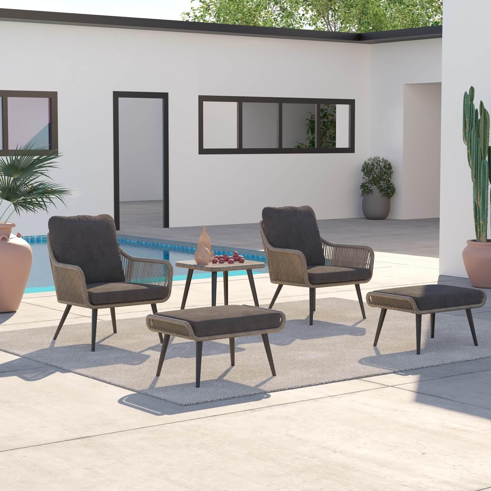 Hallerbos 5-piece outdoor bistro set with ottomans, steel frame and grey twisted rattan design, dark grey cushion, 1 square coffee table, 2 armchairs, 2 ottomans - Jardina Furniture#Color_Grey