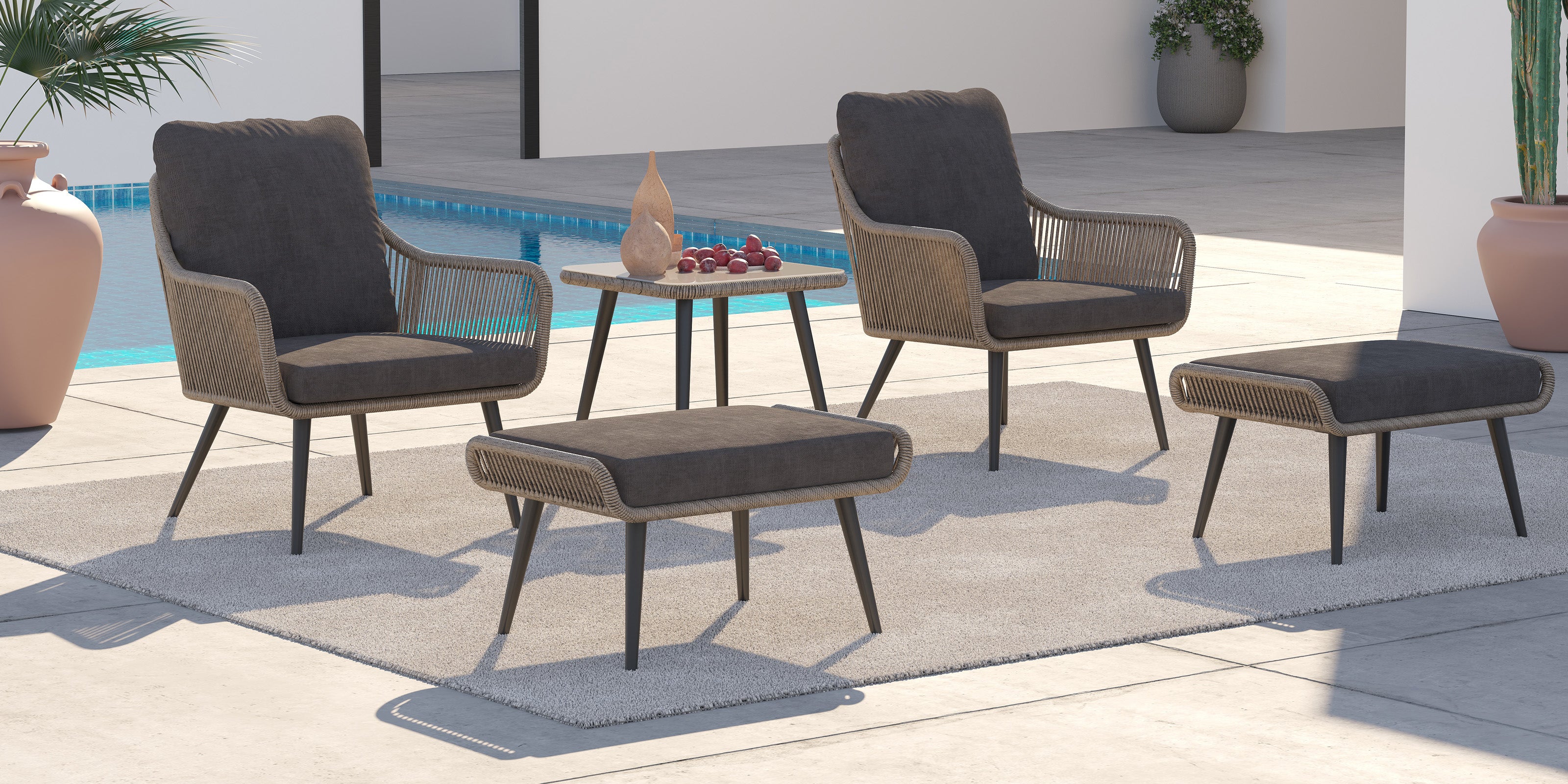 modern grey wicker outdoor bistro set with two ottomans