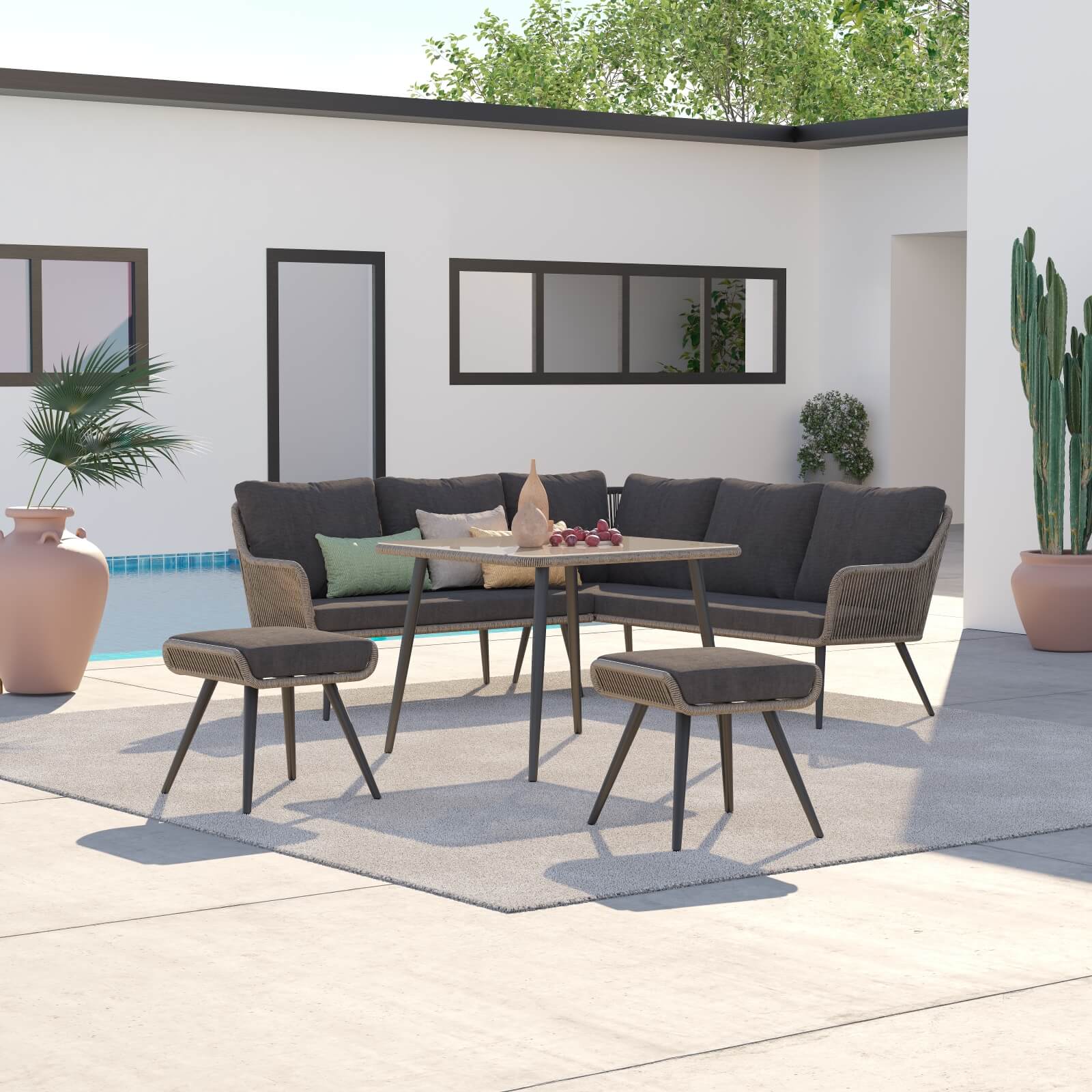 Hallerbos L-Shaped Outdoor Sectional Dining Set with steel frame, twisted rattan design, grey cushions, 1 square dining table, 5 seats sectional sofa, 2 ottomans - Jardina Furniture#Color_Grey