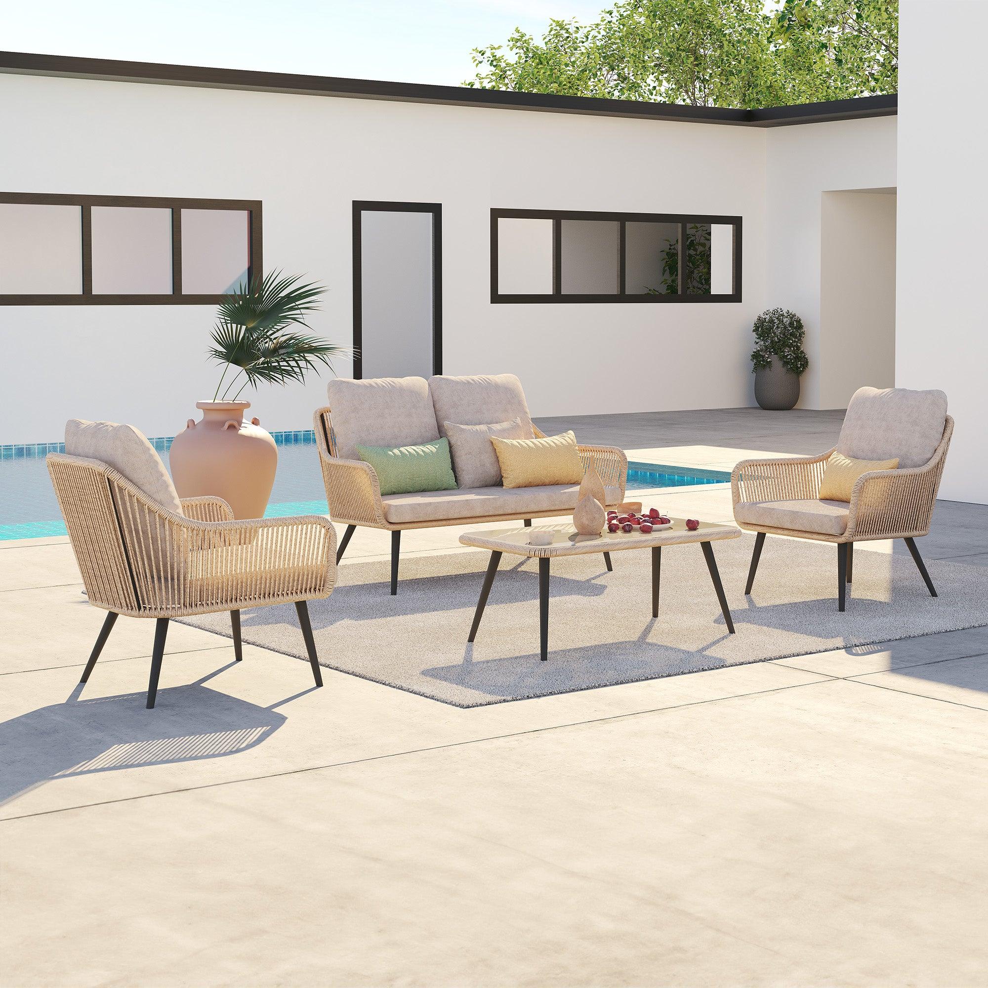 Hallerbos Modern Wicker Outdoor Furniture, 4-Piece outdoor sofa set with beige cushions, steel frame and natural twisted rattan design, outdoors - Jardina Furniture#Color_Natural
