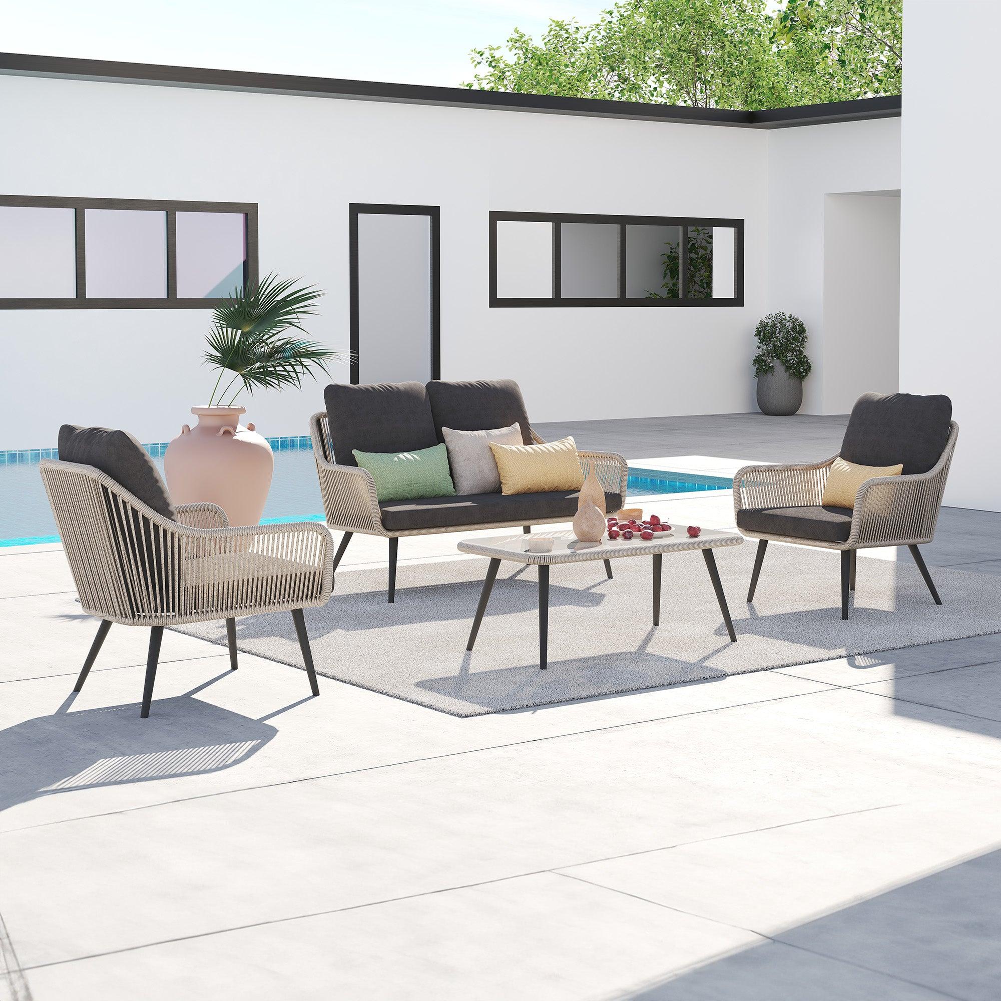 Hallerbos 4-Piece outdoor sofa set with dark grey cushions, steel frame and grey twisted rattan design, 2 armchairs, 1 loveseat, 1 rectangle coffee table - Jardina Furniture#Color_Grey
