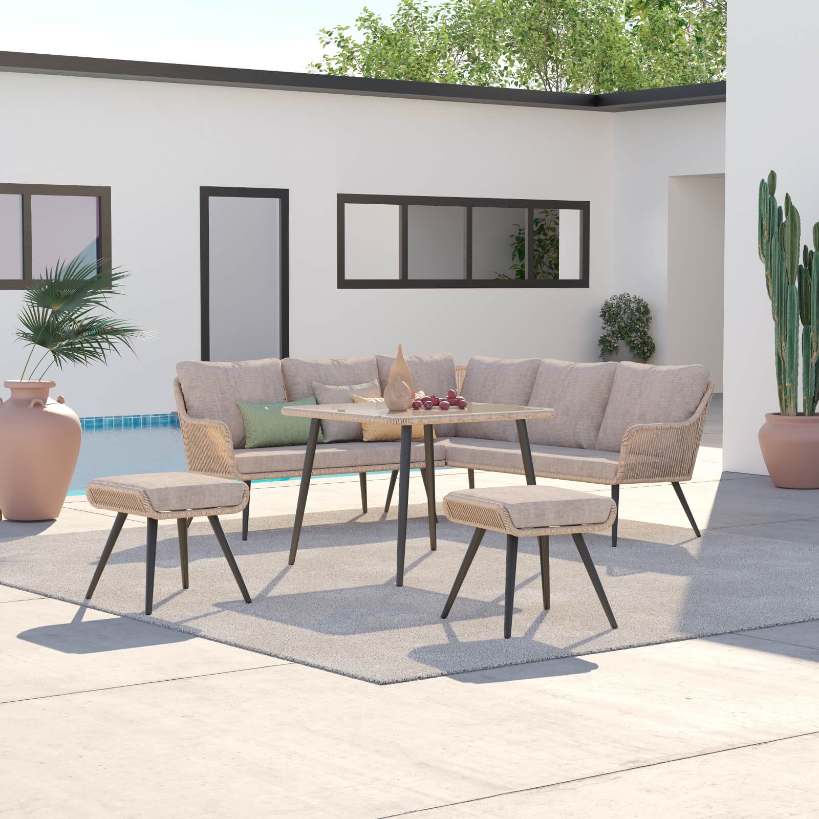 Hallerbos Modern Wicker Outdoor Furniture, L-Shaped Outdoor Sectional Dining Set with steel frame, twisted rattan design, beige cushions, 1 square dining table, 5 seats sectional sofa, 2 ottomans, in the backyard - Jardina Furniture#Color_Natural