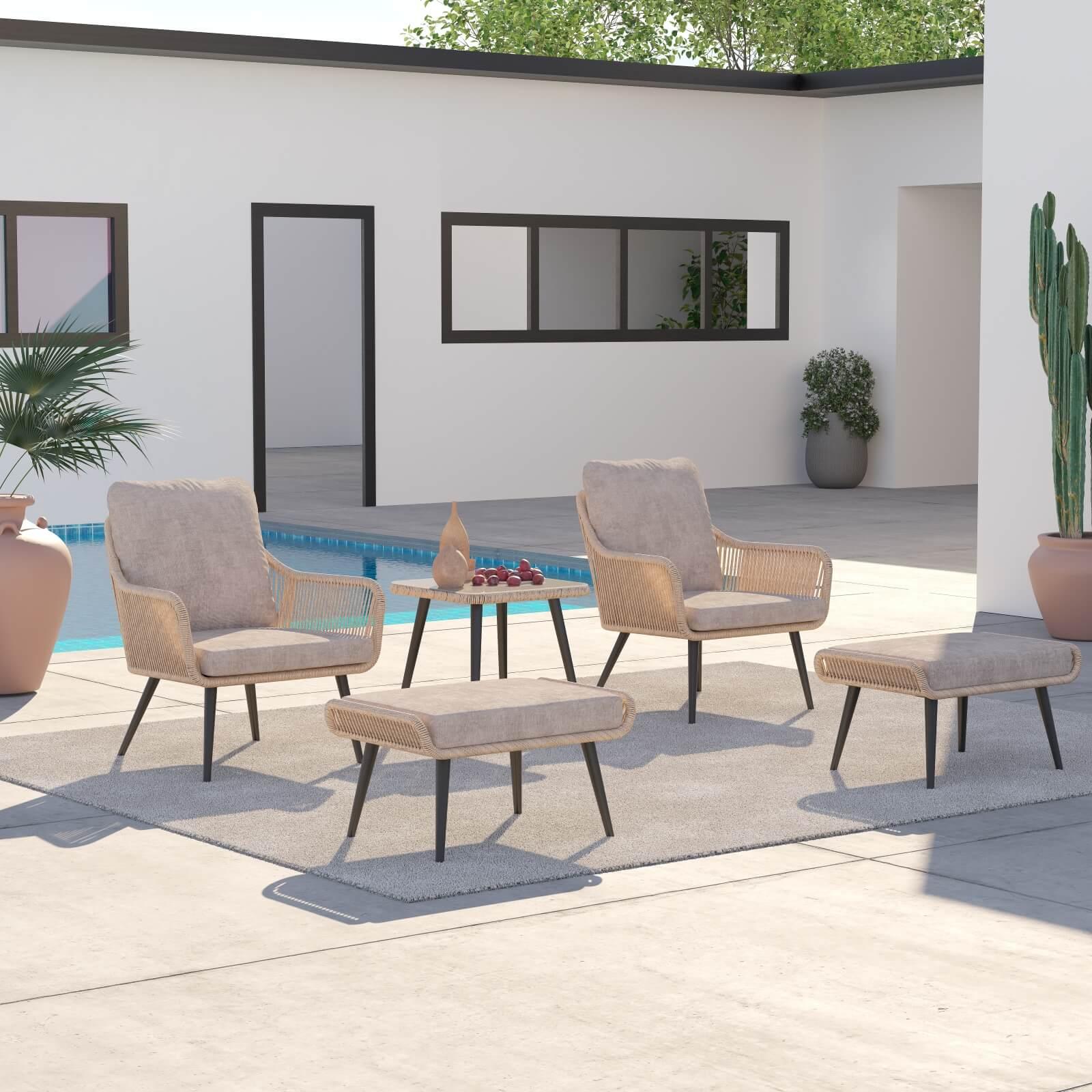 Hallerbos Modern Wicker Outdoor Furniture, 5-piece outdoor bistro set with ottomans, steel frame and natural twisted rattan design, beige cushion, 1 square coffee table, 2 armchairs, 2 ottomans, background view - Jardina Furniture#Color_Natural