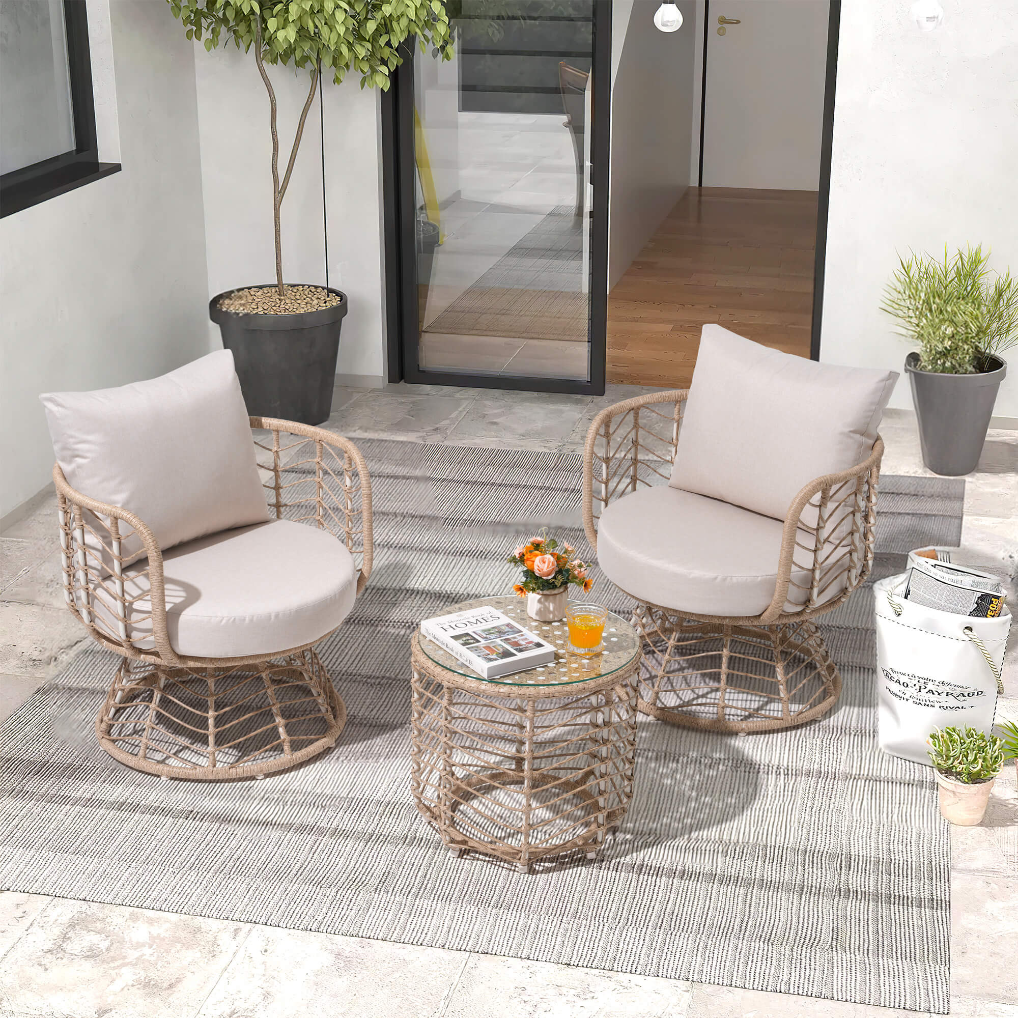 Hallerbos 3-Piece Wicker Patio Bistro Set with table, Swivel Chair
