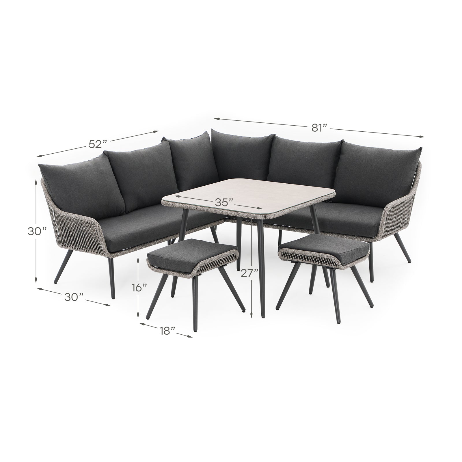 Hallerbos L-Shaped Outdoor Sectional Dining Set with steel frame, twisted rattan design, grey cushions, 1 square dining table, 5 seats sectional sofa, 2 ottomans, dimension- Jardina Furniture#Color_Grey