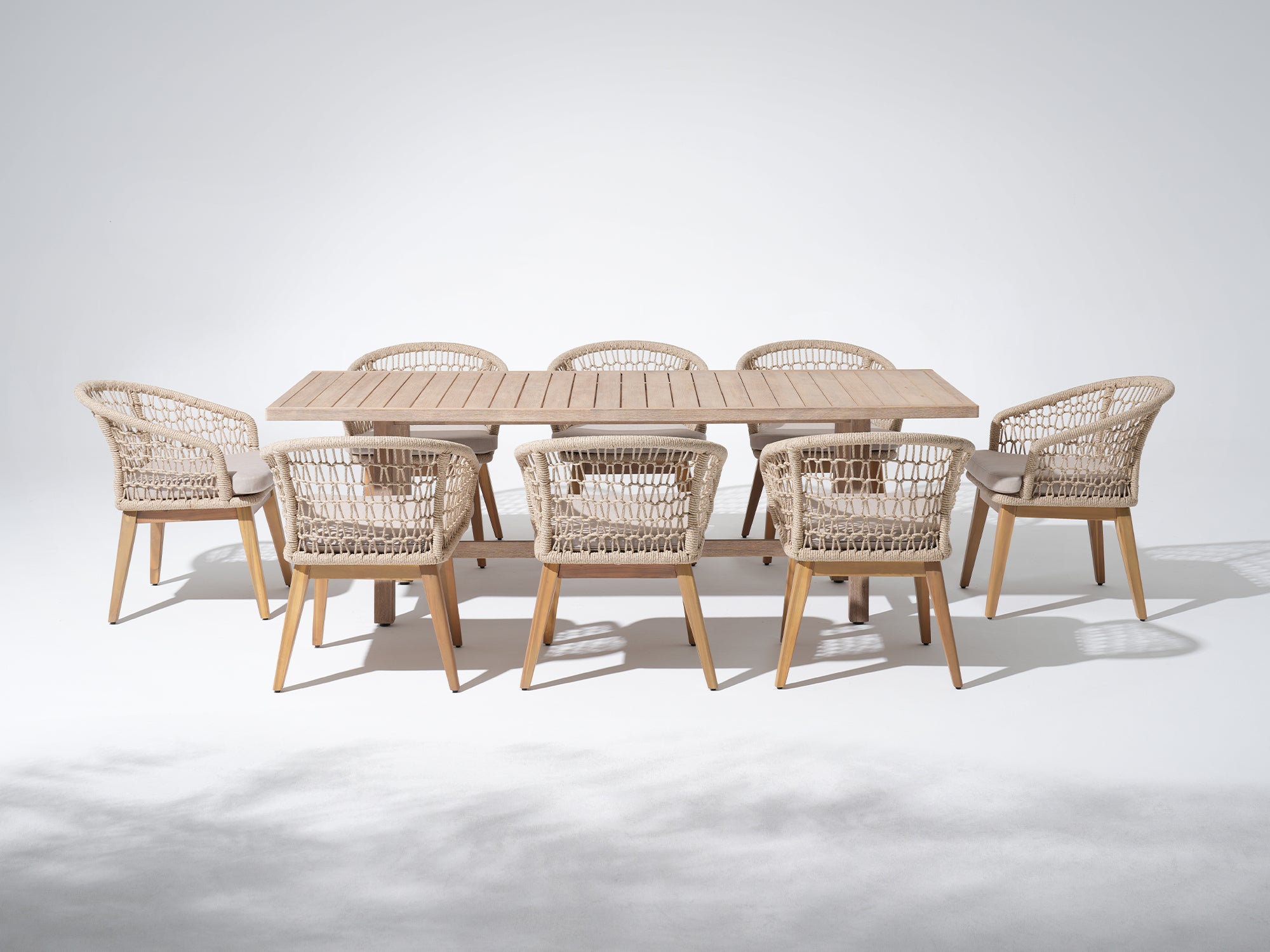 Noto 8-Seat 90" Wooden Patio Dining Set with Nylon Honeycomb Chairs