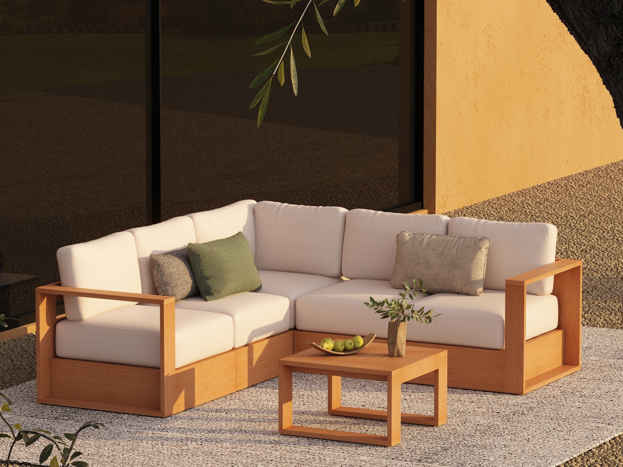 Eucalyptus WoodOutdoor L-Shaped Sectional Sofa Set with Coffee Table