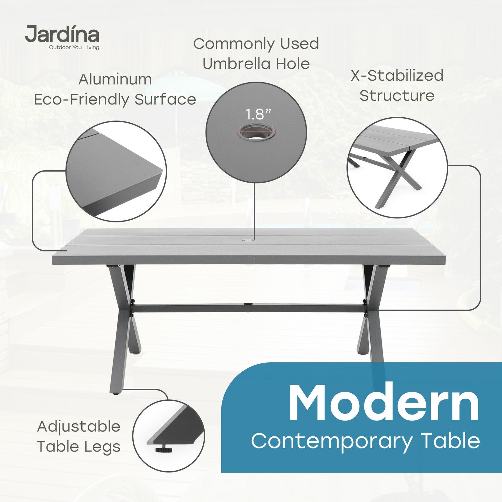 gray aluminum modern outdoor dining table with umbrella hole and x-stabilized structure details