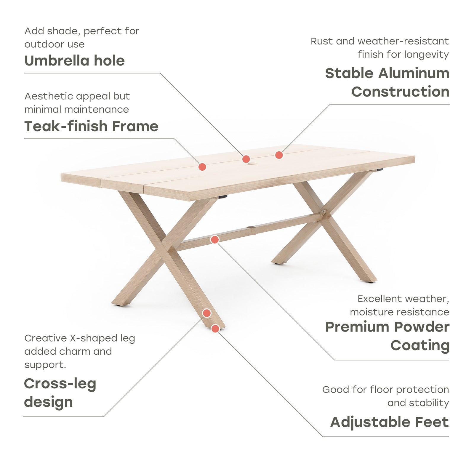 Salina Natural Aluminum Rectangular Dining Table for 8 with Umbrella Hole, X-Shaped Leg Design, dimension- Jardina Furniture #color_Natural