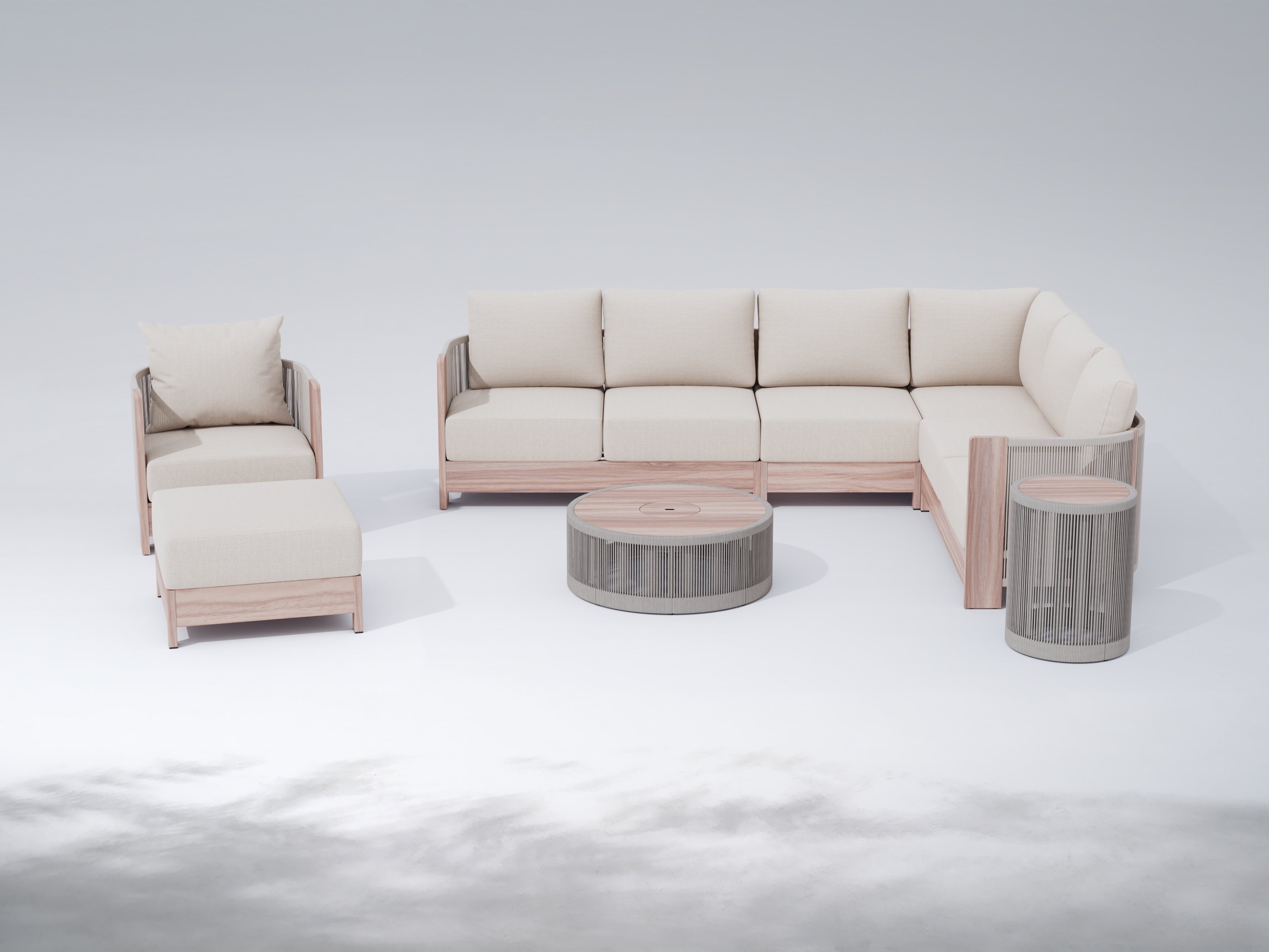 Irati Wood-Look Aluminum L-Shaped Modular Rope Outdoor Sectional Sofa Set with Standard Chair & Ottoman