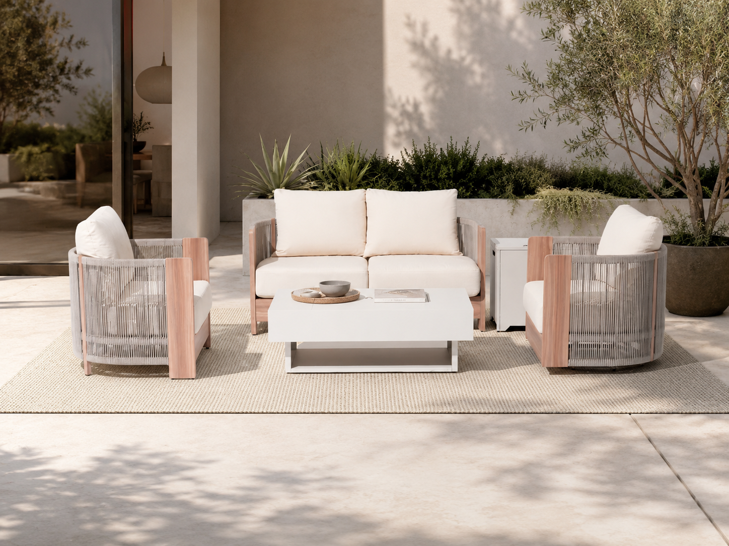 Irati Rope Rattan Design Outdoor Seating Set with Fire Pit