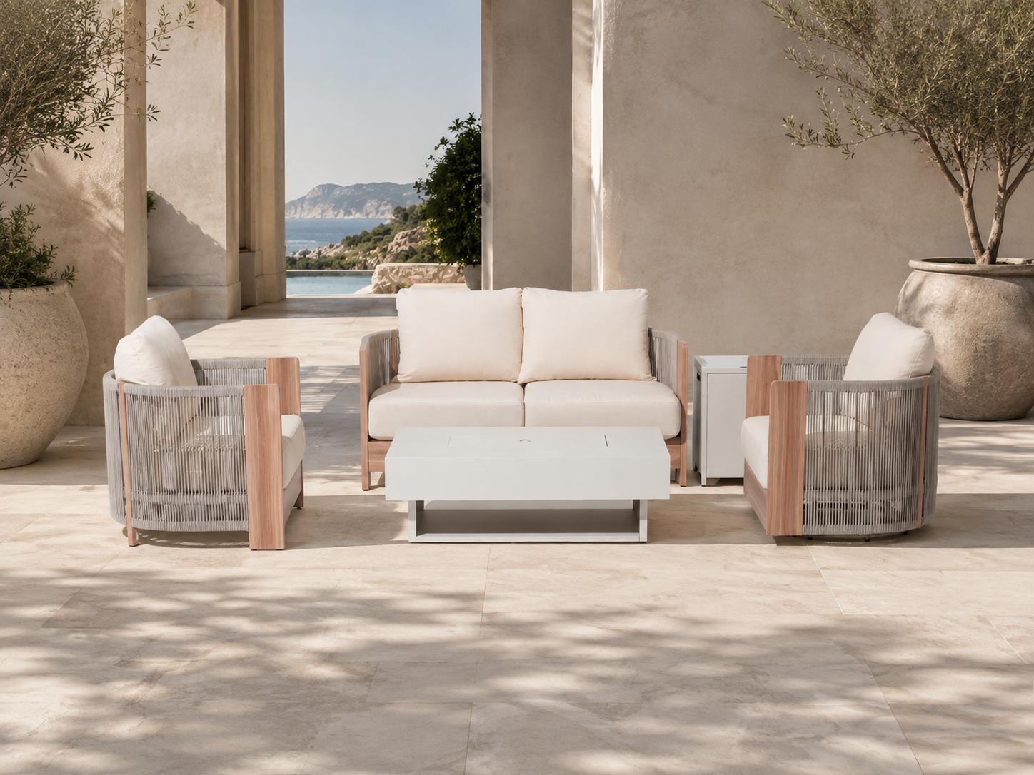 Irati Rope Rattan Design Outdoor Seating Set with Fire Pit