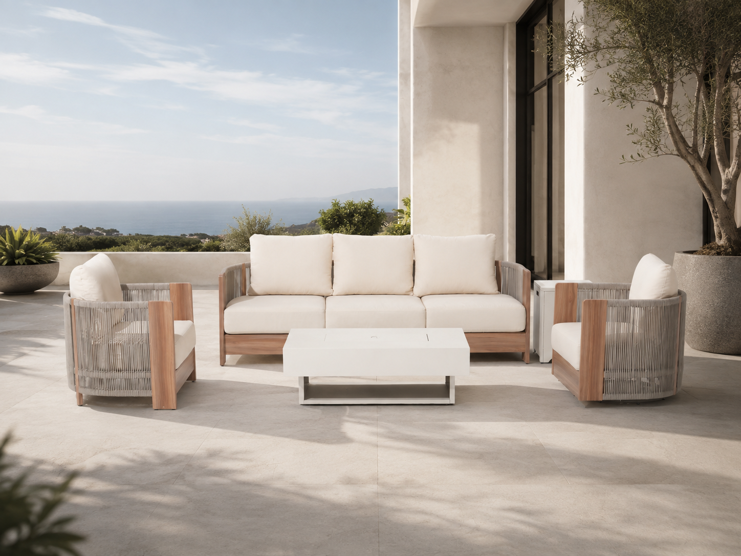 Irati Rope Rattan Design Outdoor Seating Set with Fire Pit