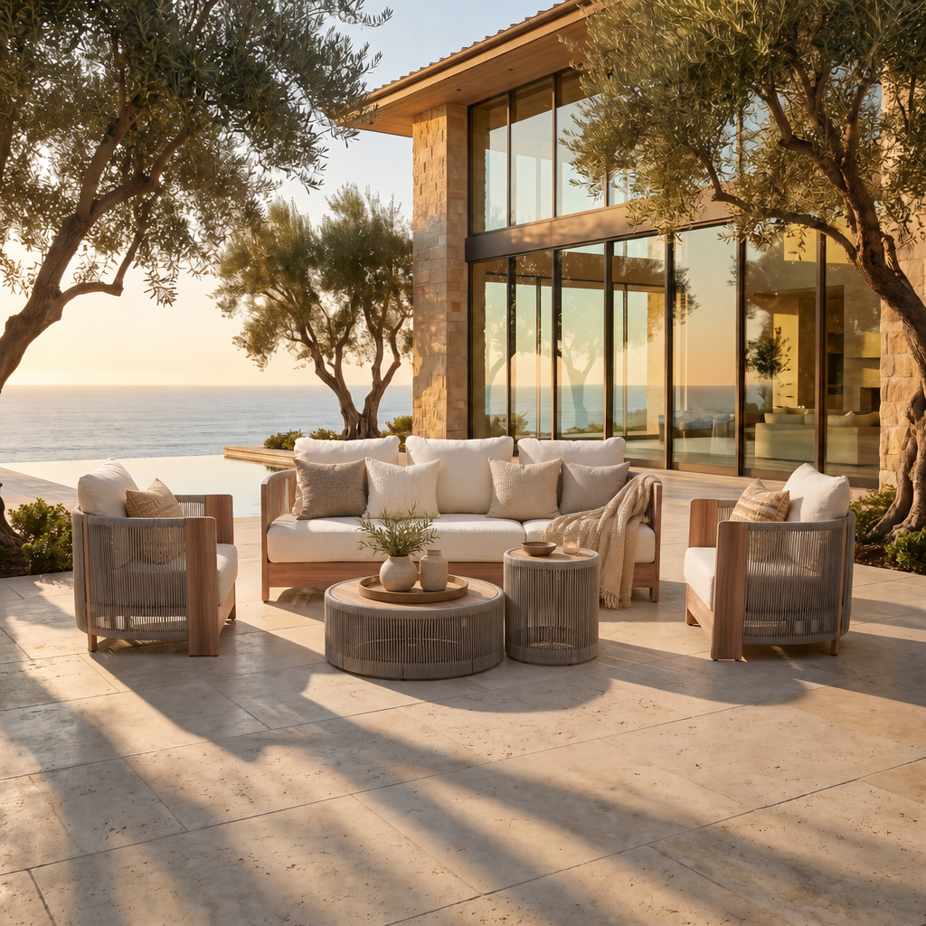 Irati Wood-Look Aluminum Outdoor Conversation Seating Set with 2 Tables, Built-in Storage Space & Rope Design