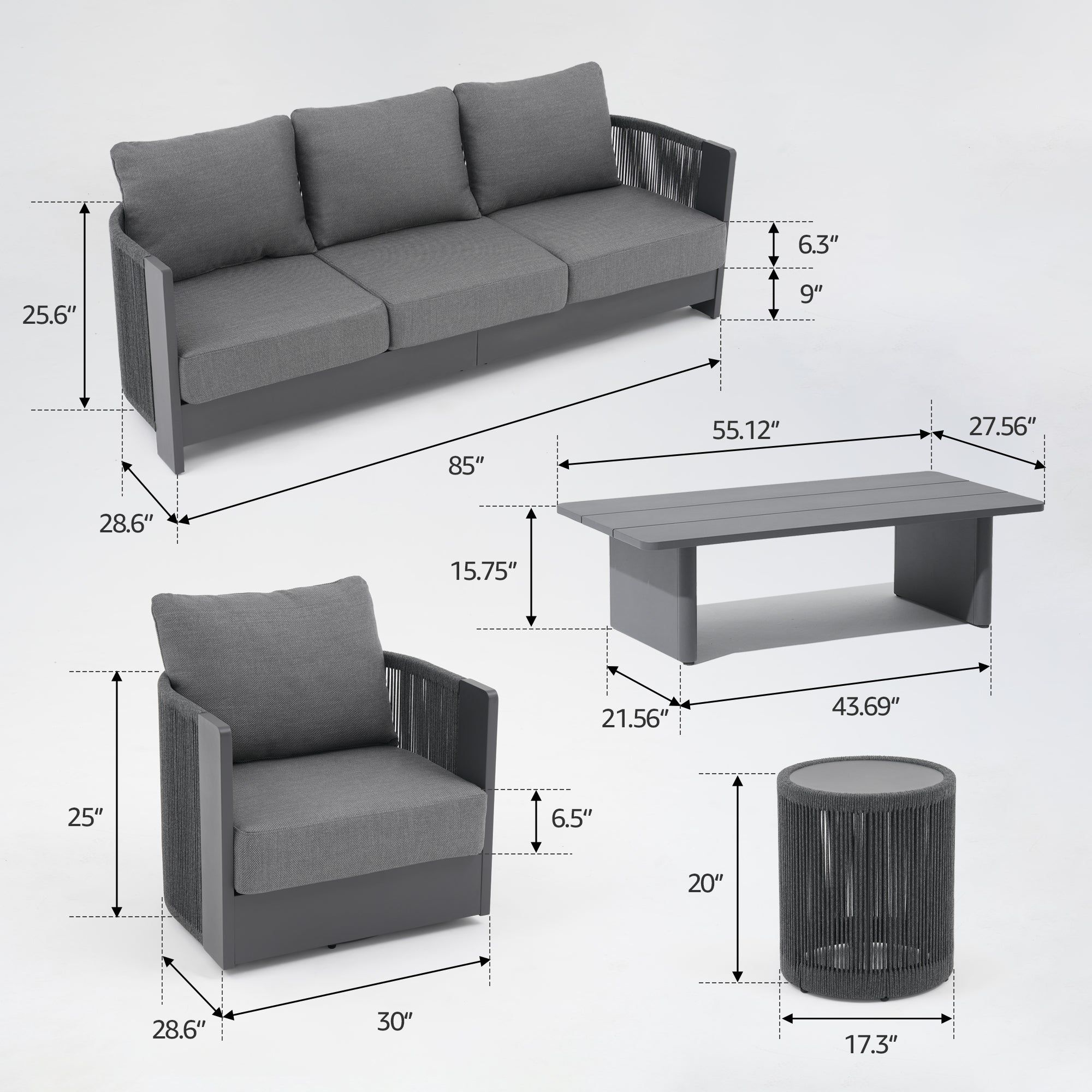 Gray outdoor furniture set with dimensions