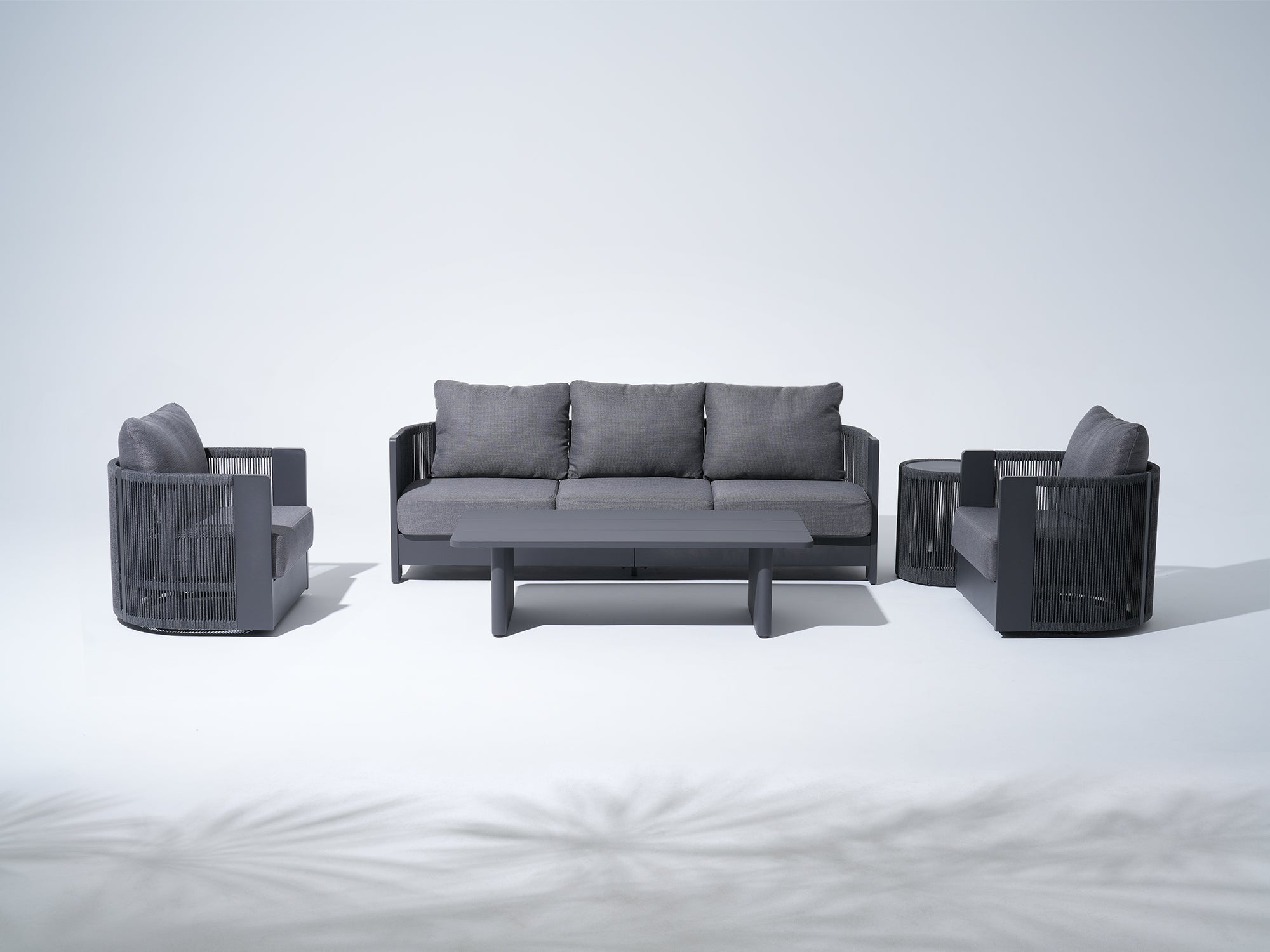 Irati 5 Piece Aluminum Rope Outdoor Seating Set, Dark Grey Cushions, Mixed Tables