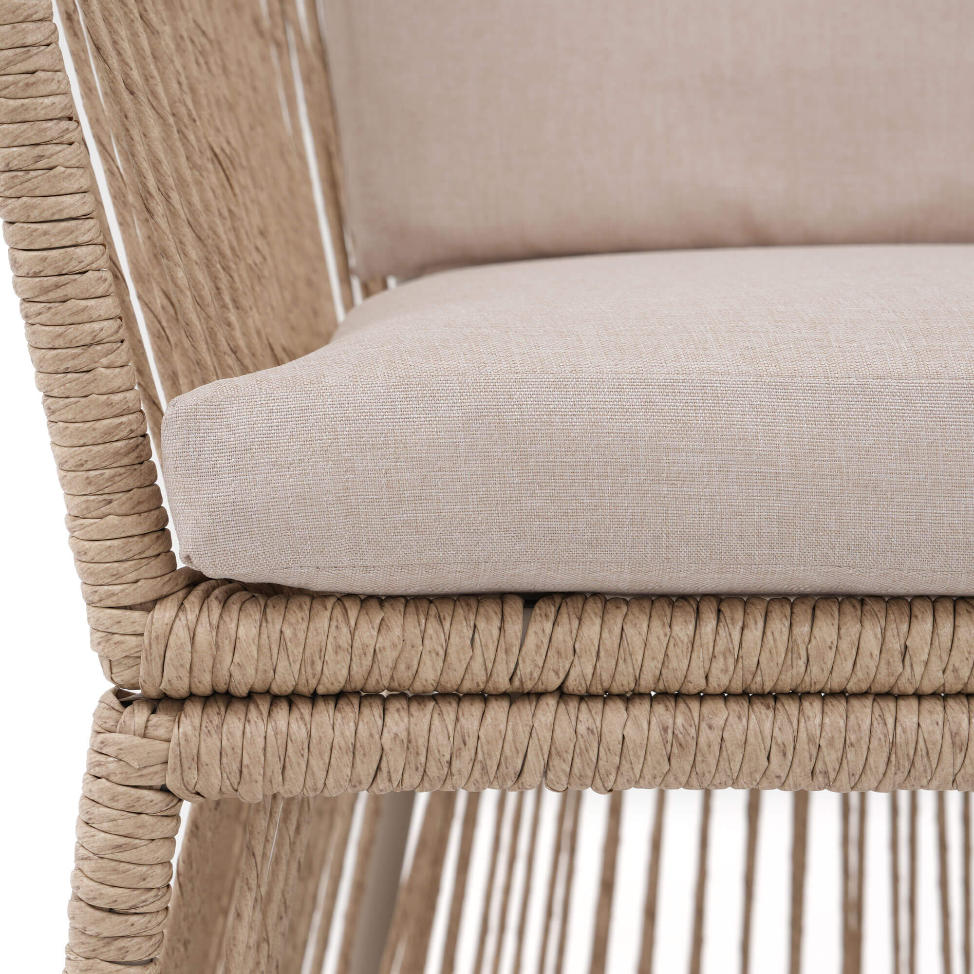 woven rope and beige cushion details of swivel dining chair