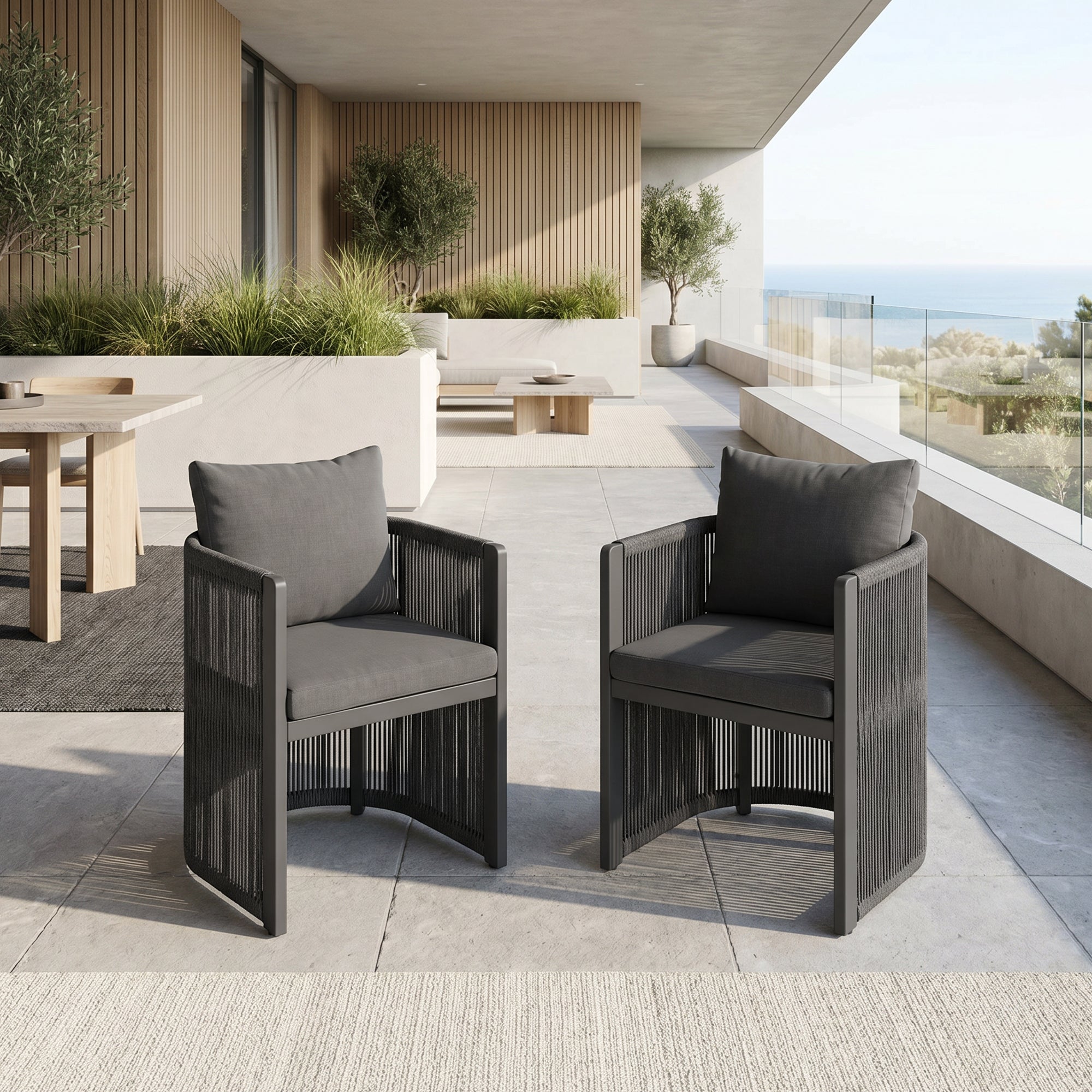 Irati Aluminum Outdoor Dining Chairs, Dark Grey, Rope Design, Set of 2