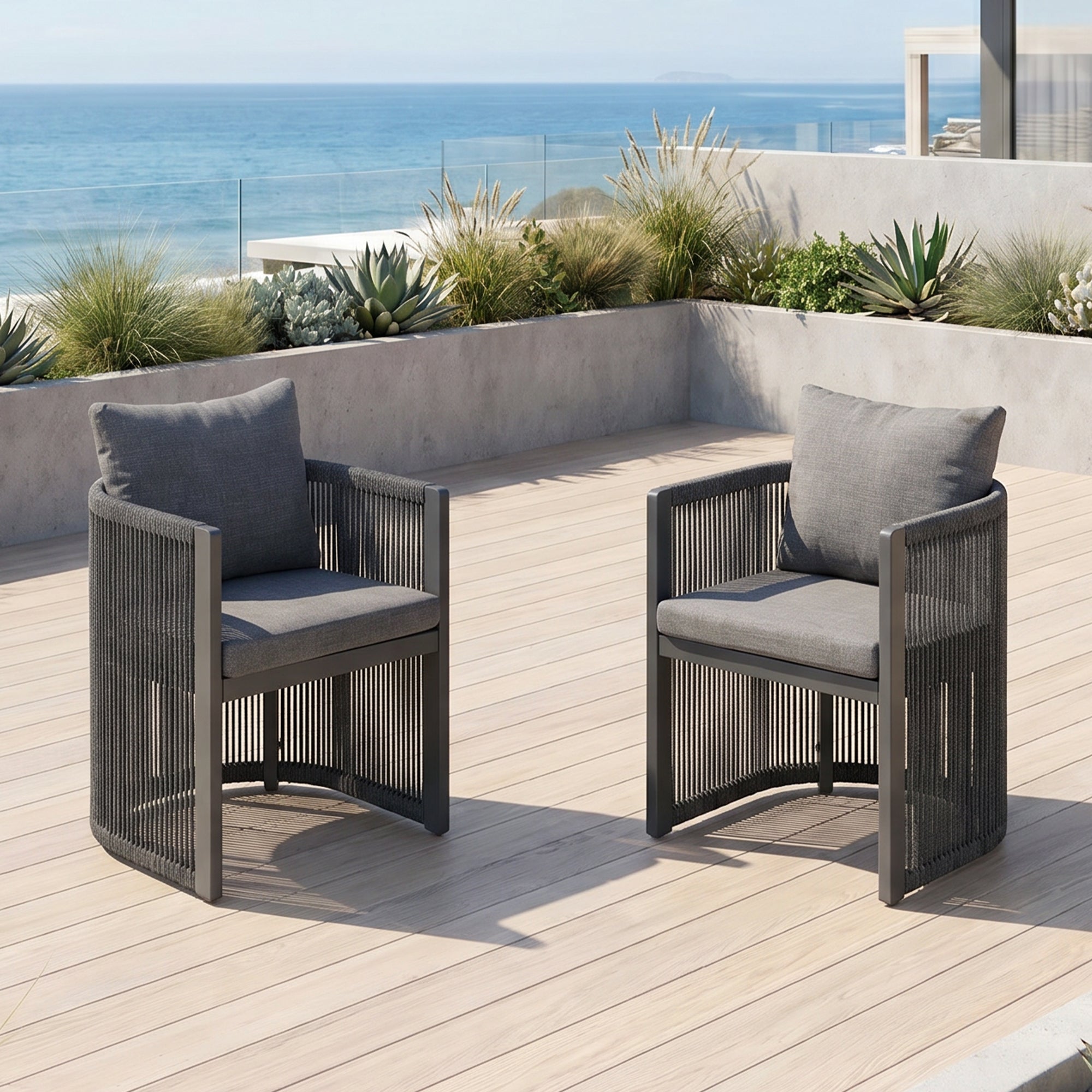 Irati Aluminum Outdoor Dining Chairs, Dark Grey, Rope Design, Set of 2